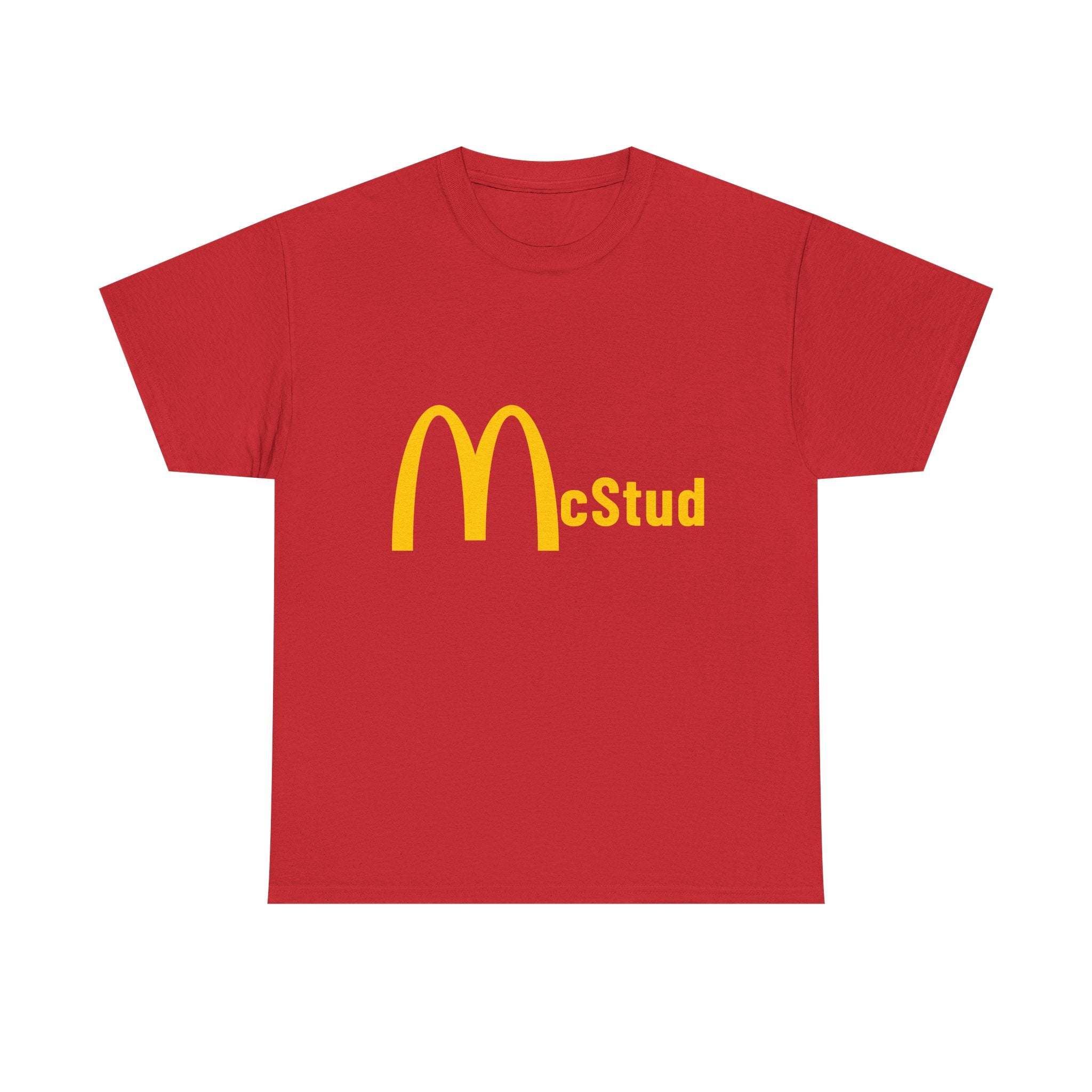 Red t-shirt with yellow 'McStud' logo on a white background