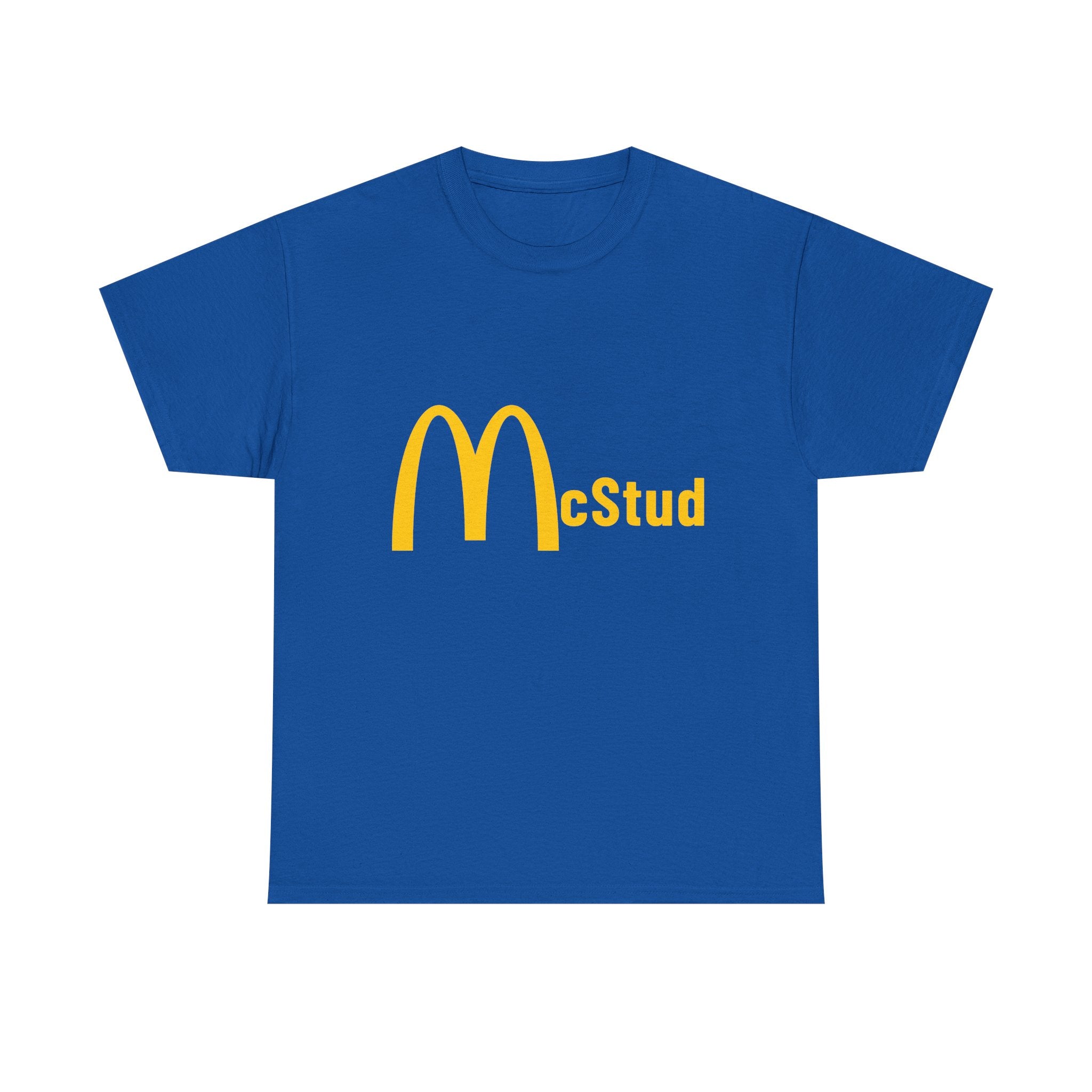 Blue t-shirt with yellow 'McStud' logo on a white background
