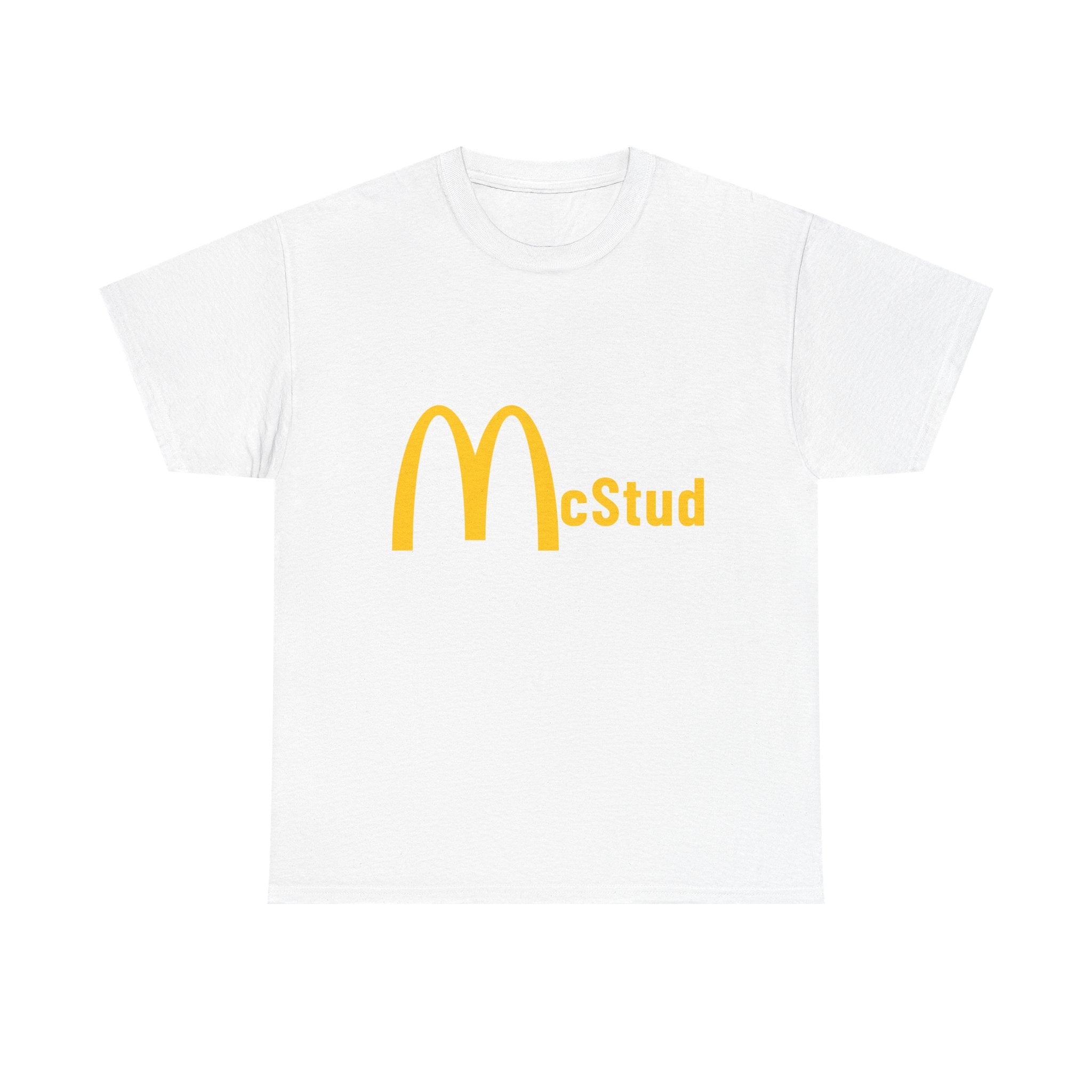 White t-shirt with yellow 'McStud' logo on a white background