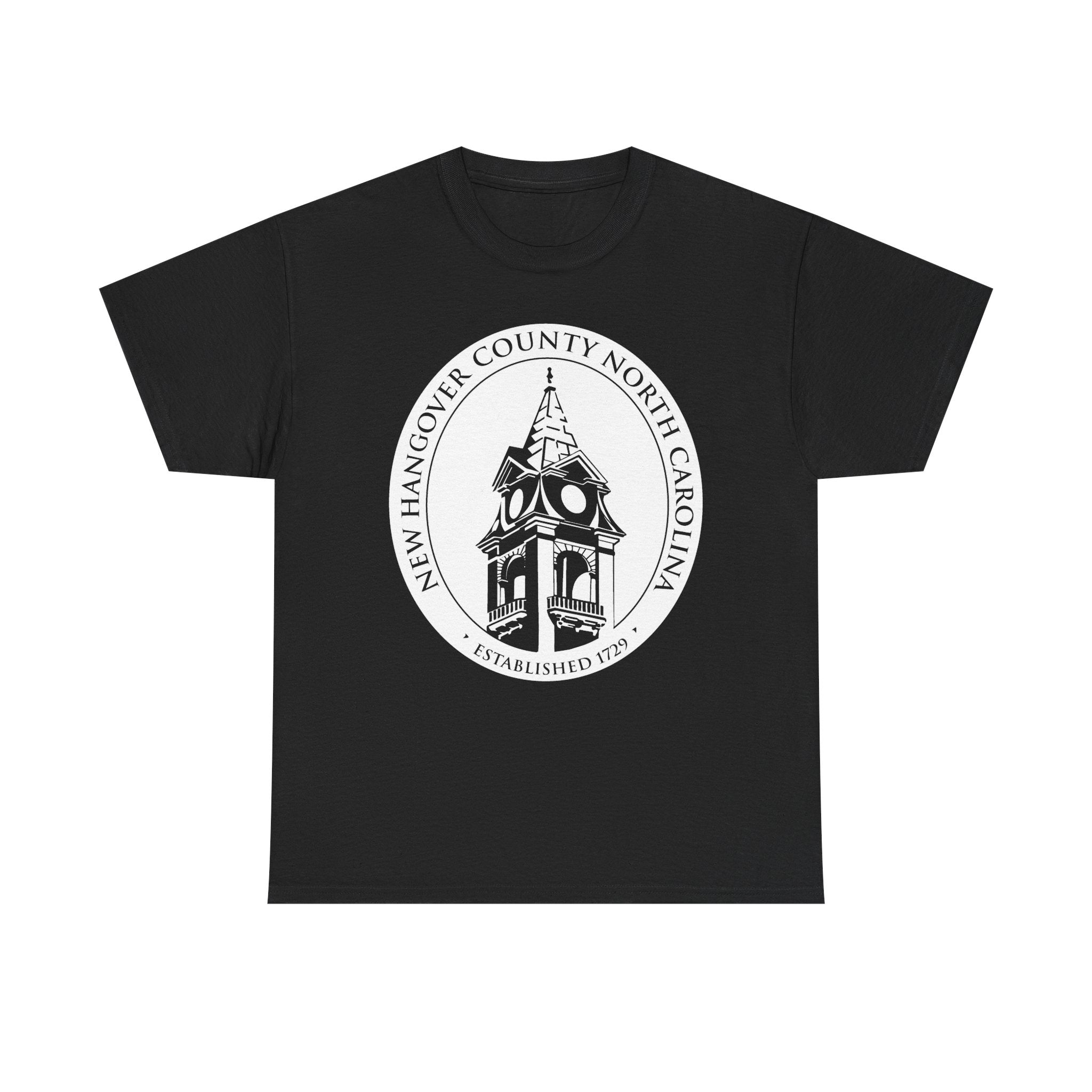 Black t-shirt with a white clock tower design on a white background