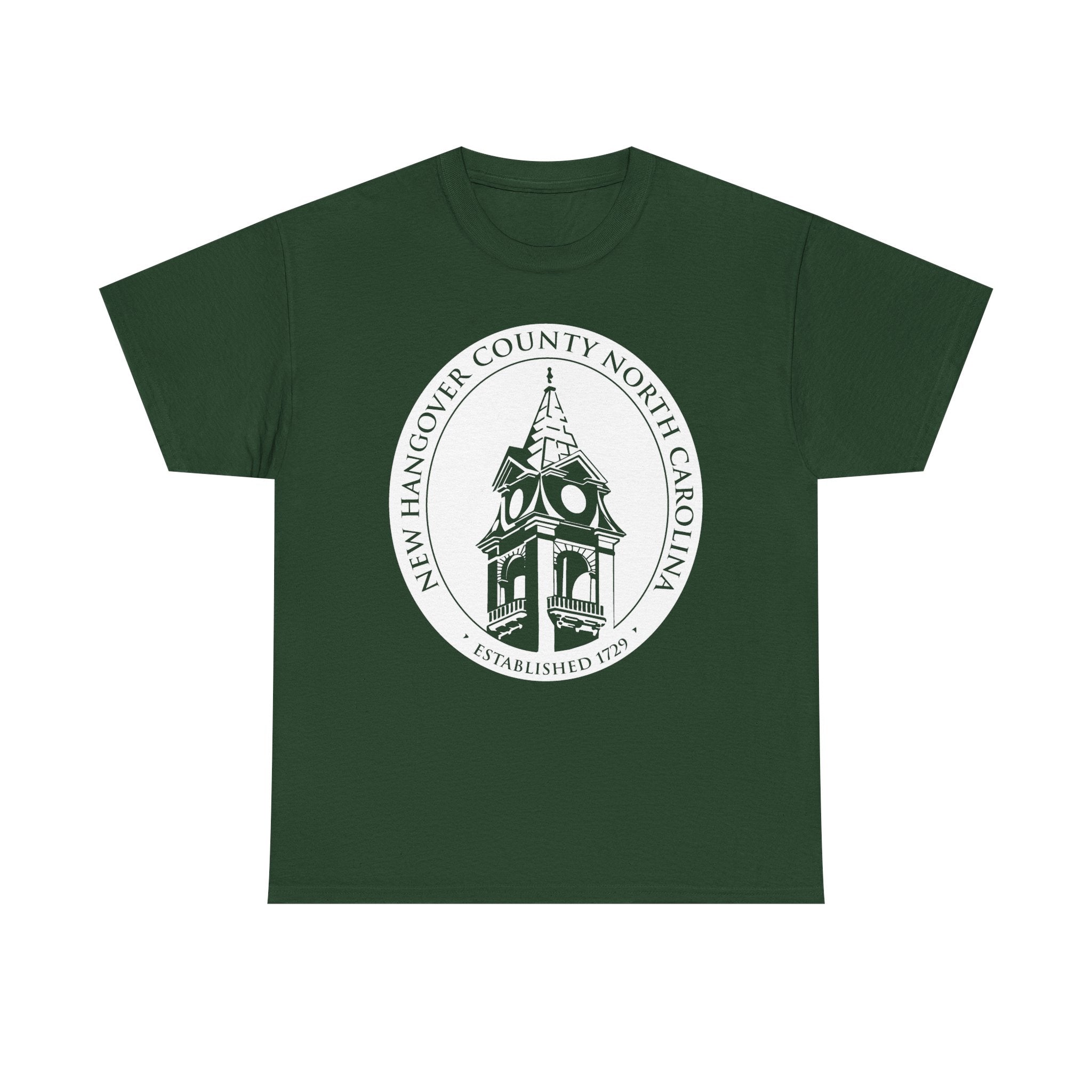 Green t-shirt with a white emblem featuring a clock tower on a white background