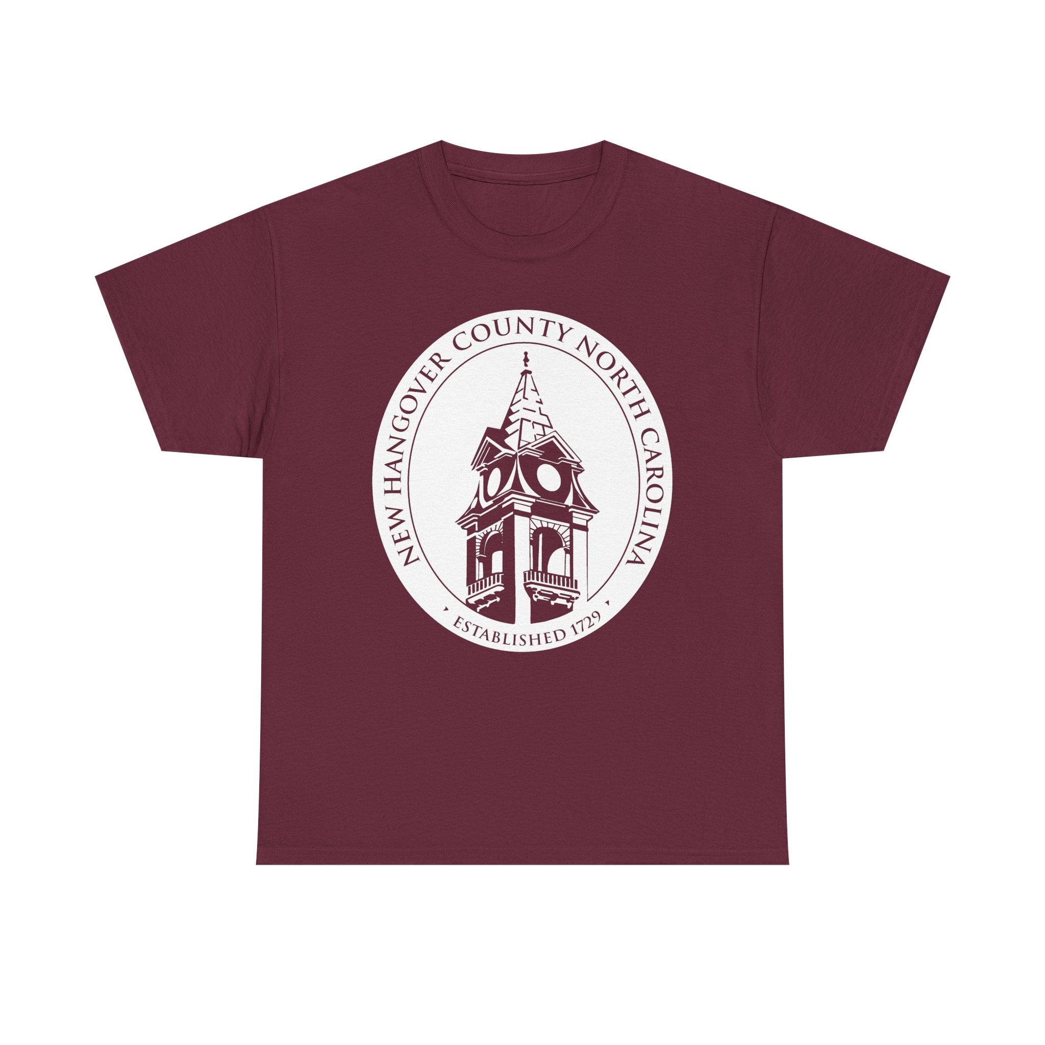 Maroon t-shirt with a white clock tower design on a white background