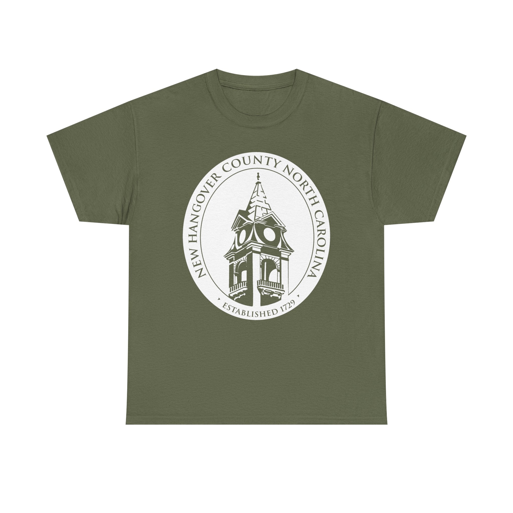 Green t-shirt with a white clock tower design on a white background