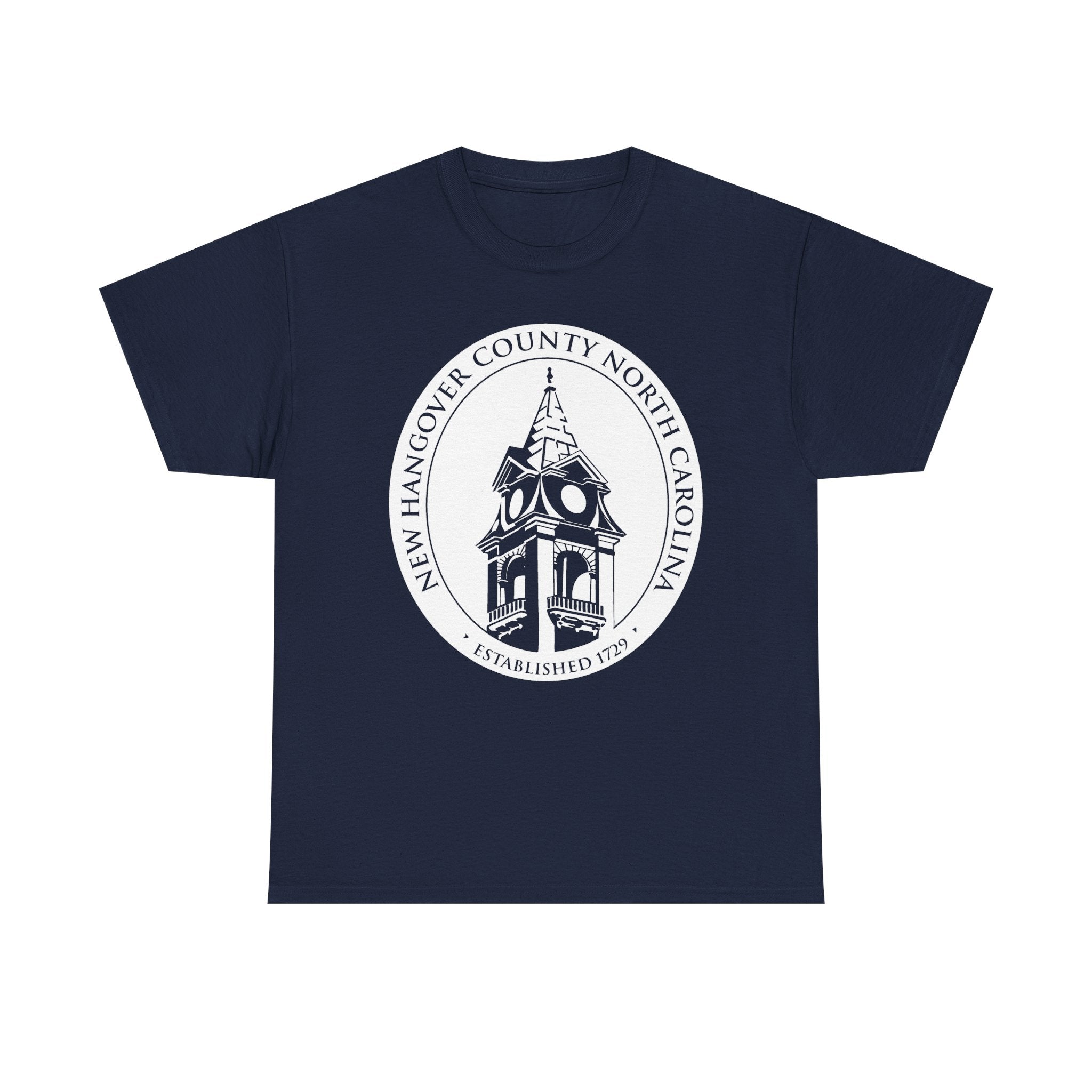 Navy blue t-shirt with a white clock tower design on a white background