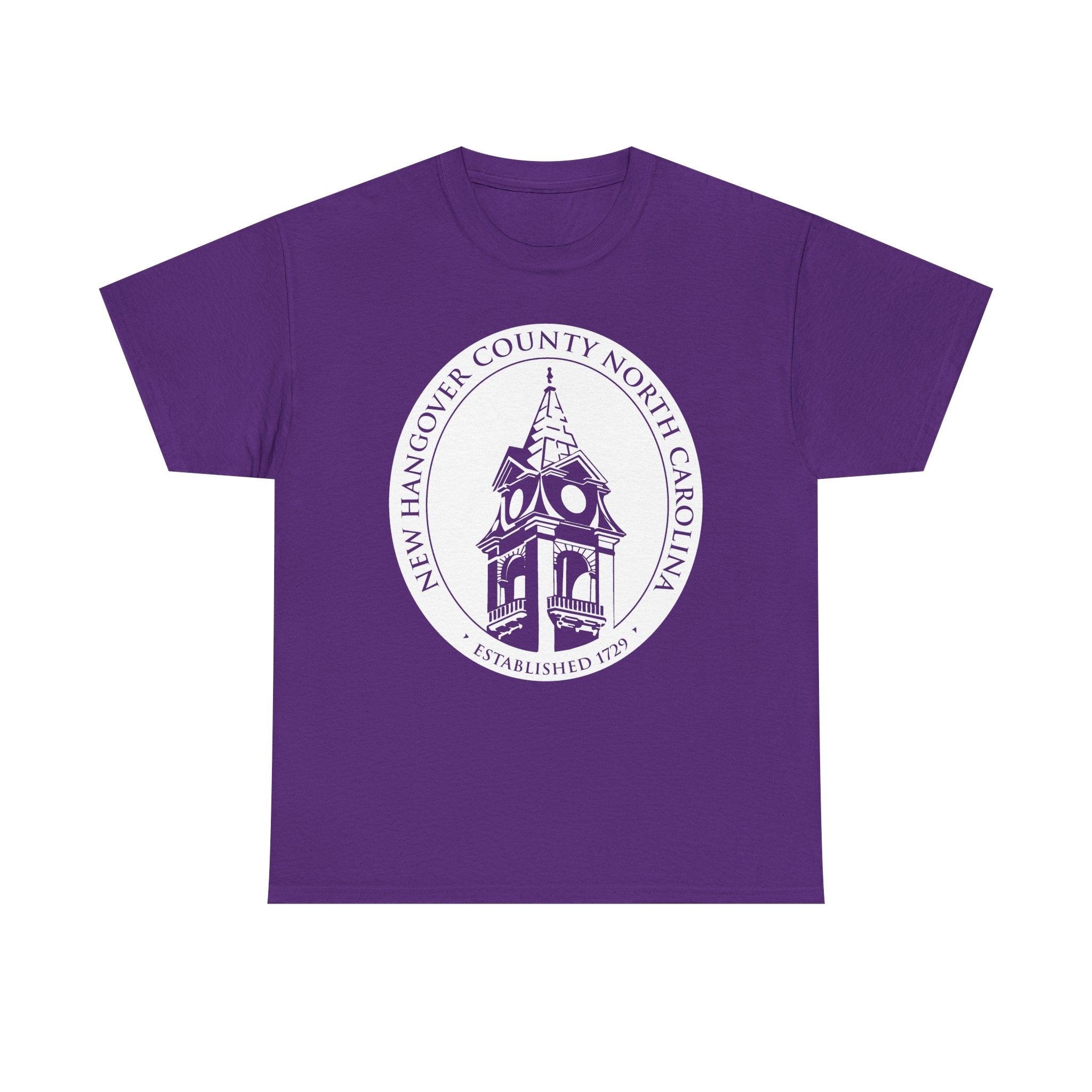 Purple t-shirt with a white emblem featuring a clock tower on a white background