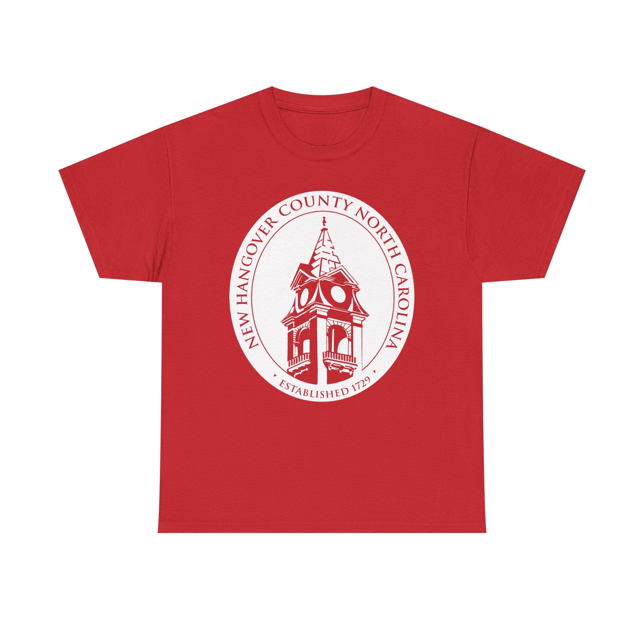 Red t-shirt with a white clock tower design on a white background