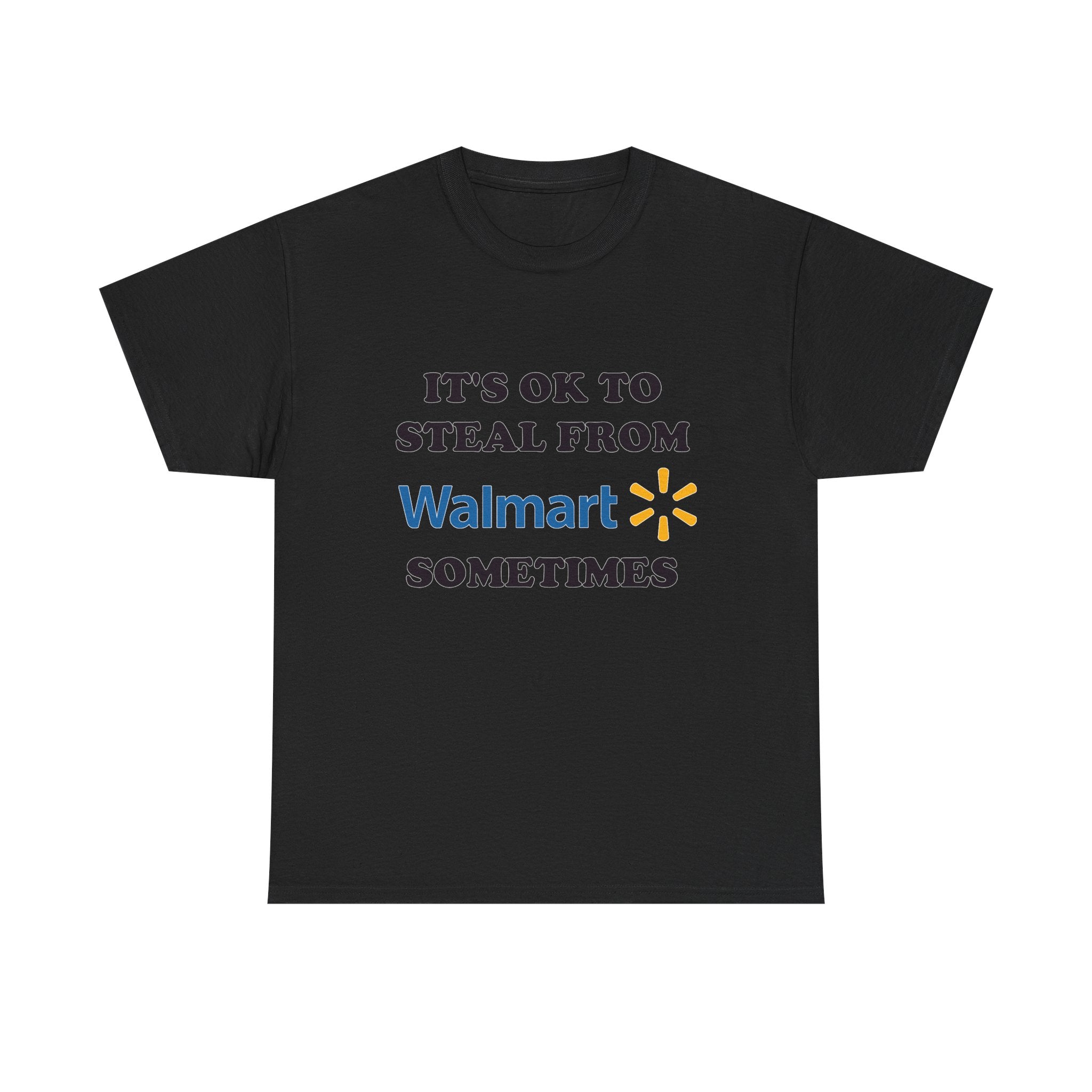 Black t-shirt with humorous text and logo on a white background