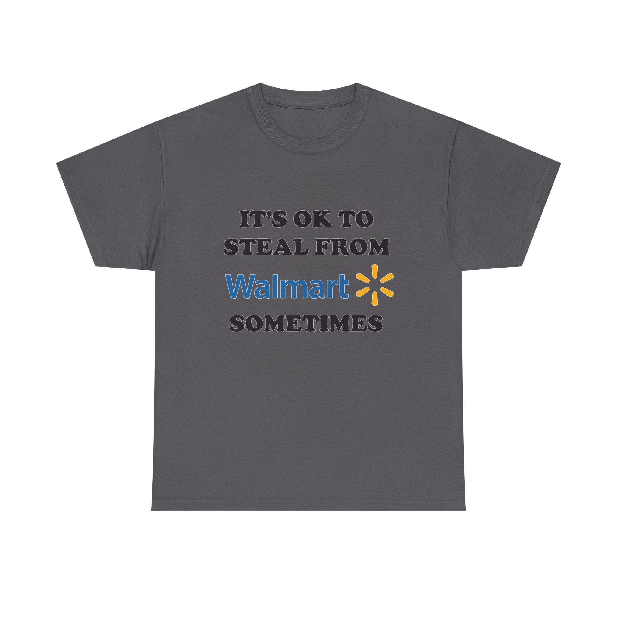 Gray t-shirt with humorous text and logo on a white background
