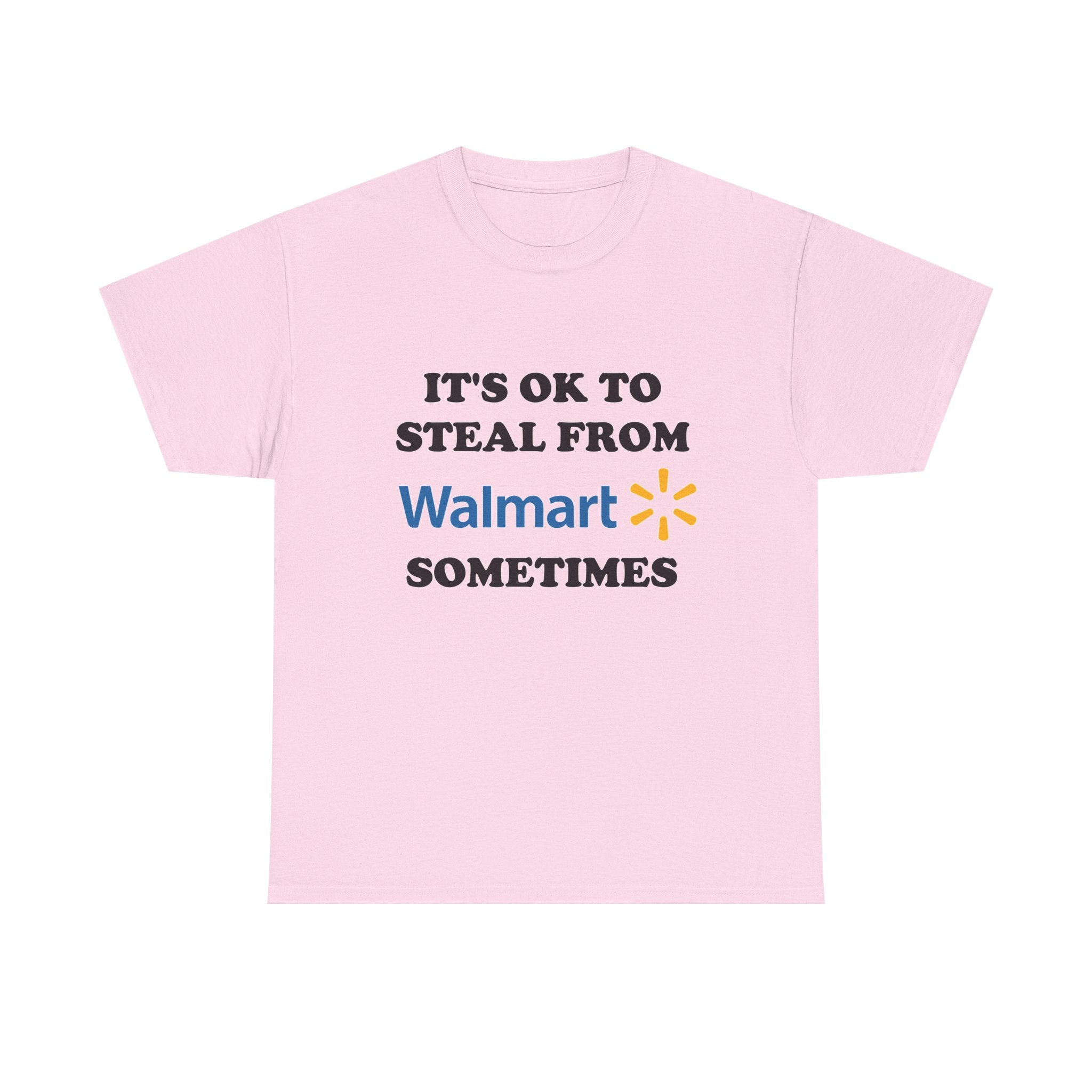 Pink t-shirt with humorous text and logo on a white background
