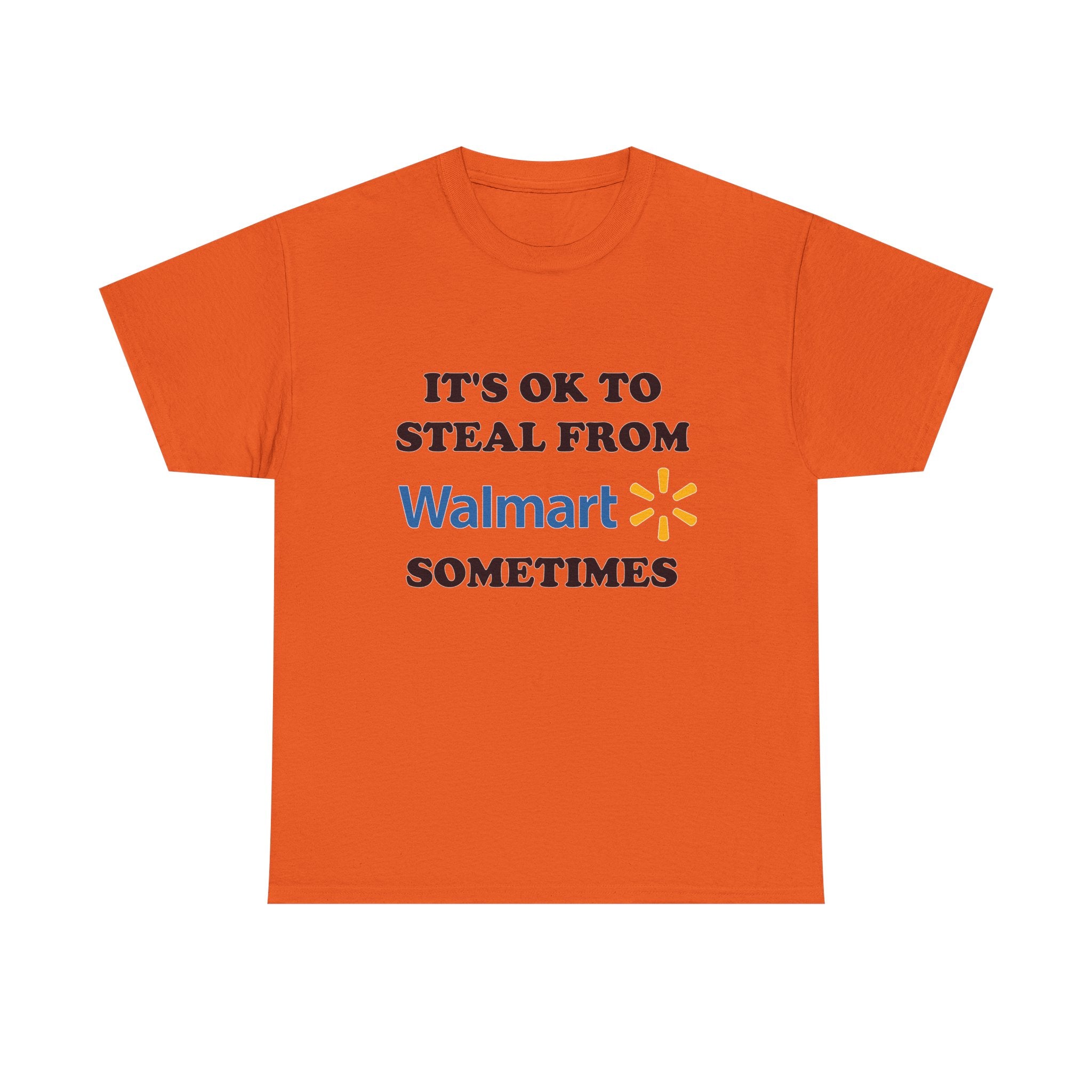 Orange t-shirt with humorous text and logo on a white background