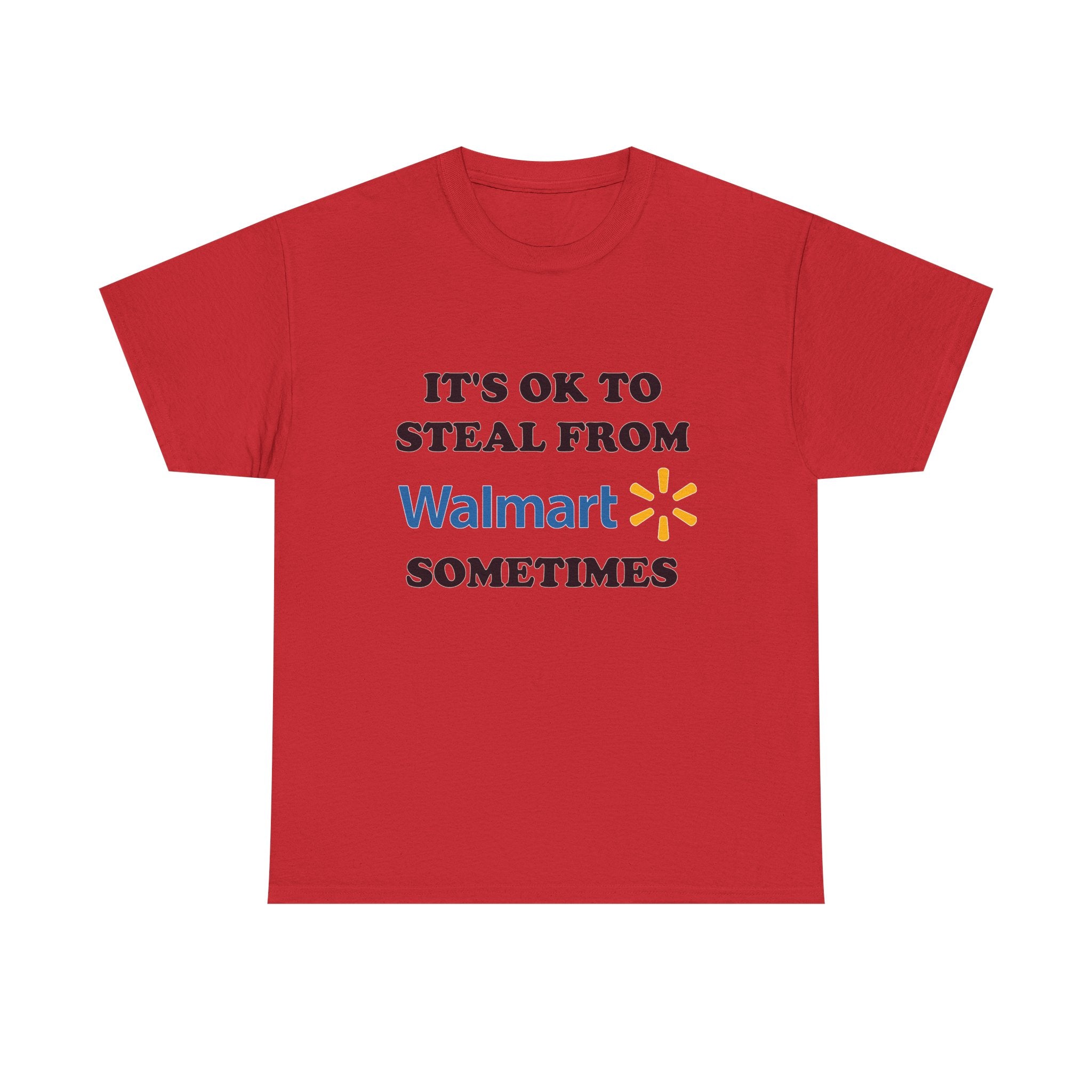 Red t-shirt with humorous text and logo on a white background