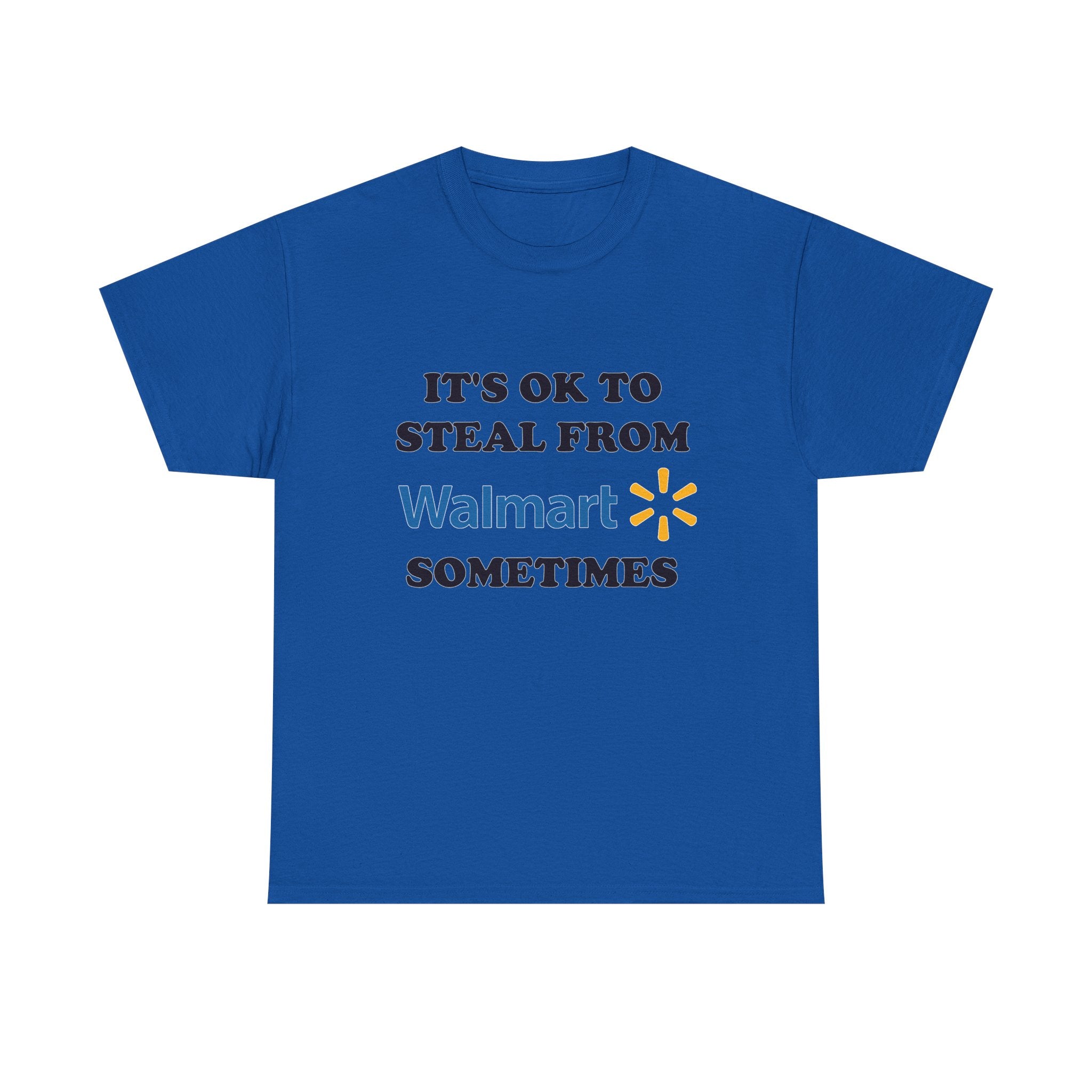 Blue t-shirt with humorous text and logo on a white background