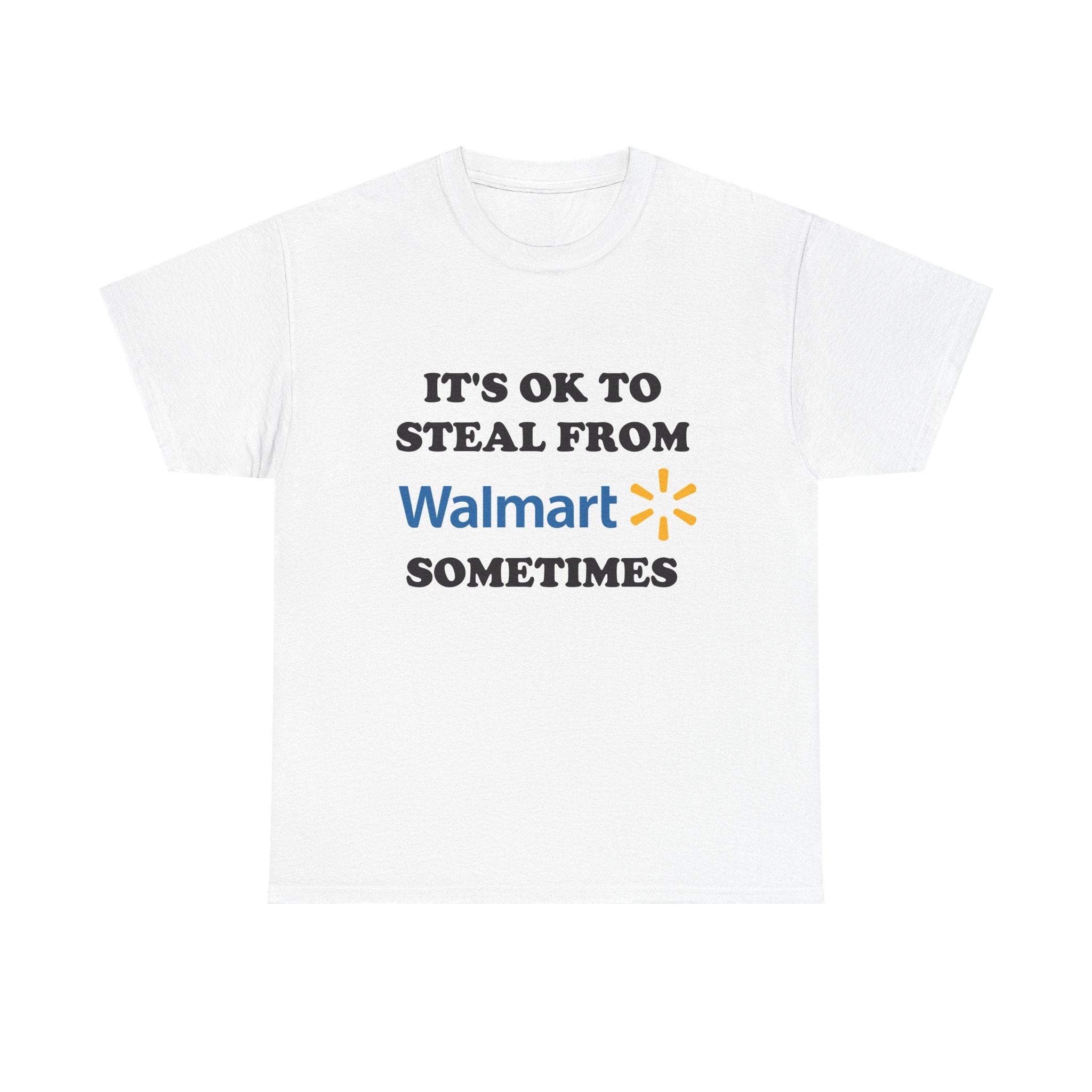 White t-shirt with humorous text and logo on a white background