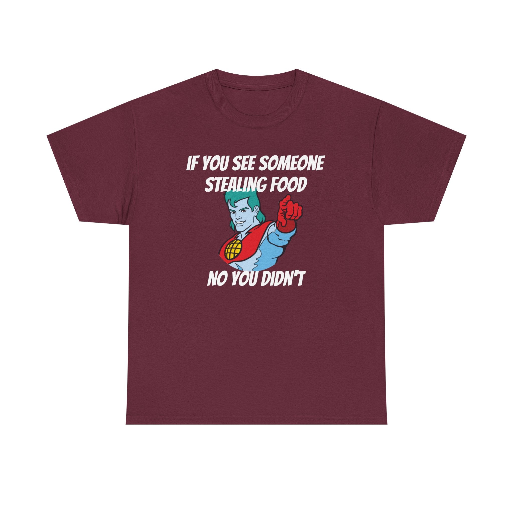 Maroon t-shirt with superhero graphic and text on a white background
