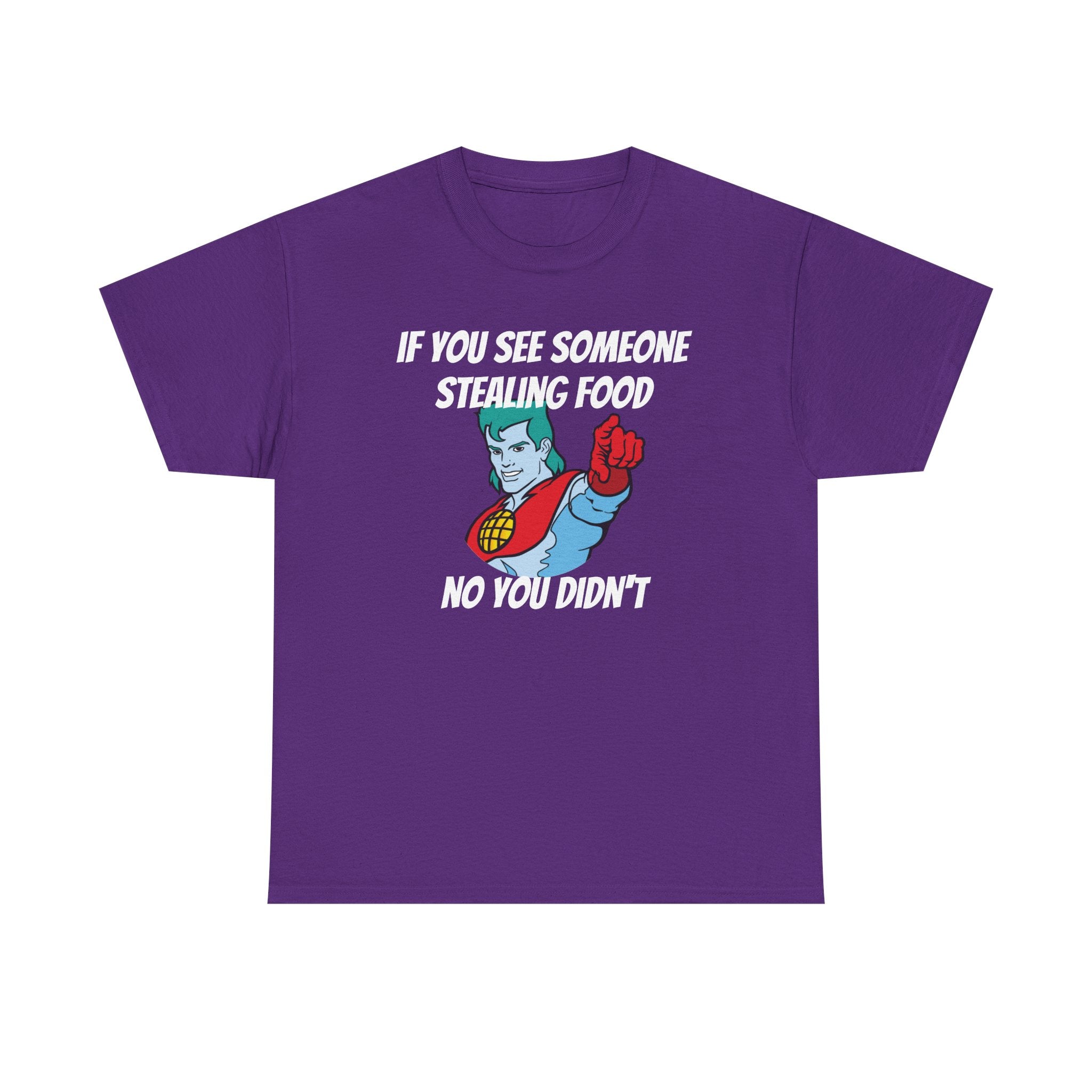 Purple t-shirt with a graphic and text on a white background