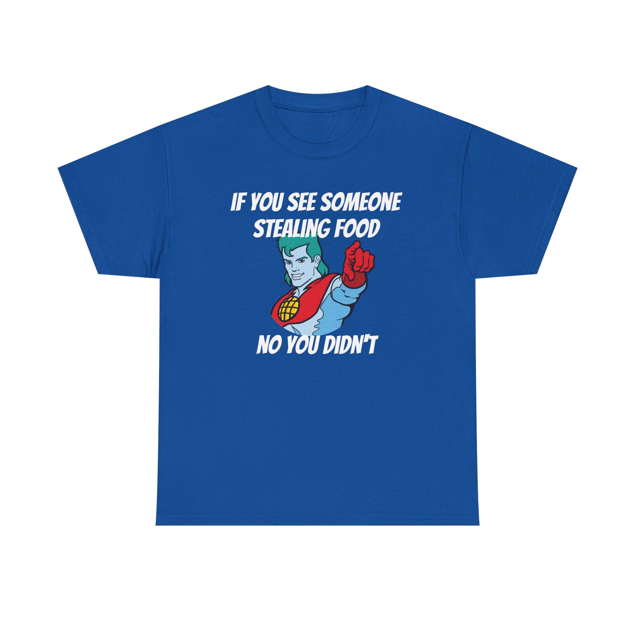 Blue t-shirt with superhero graphic and text on a white background