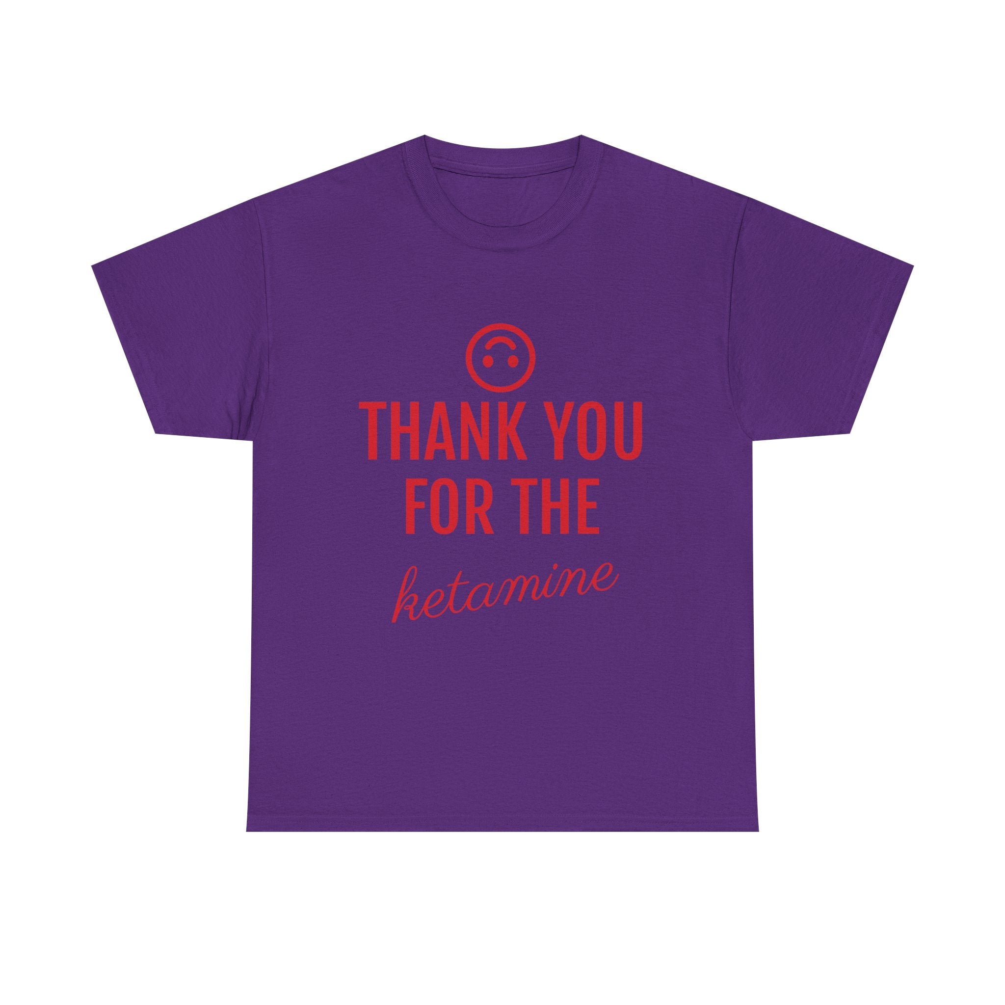 Purple t-shirt with red text and smiley face on a white background