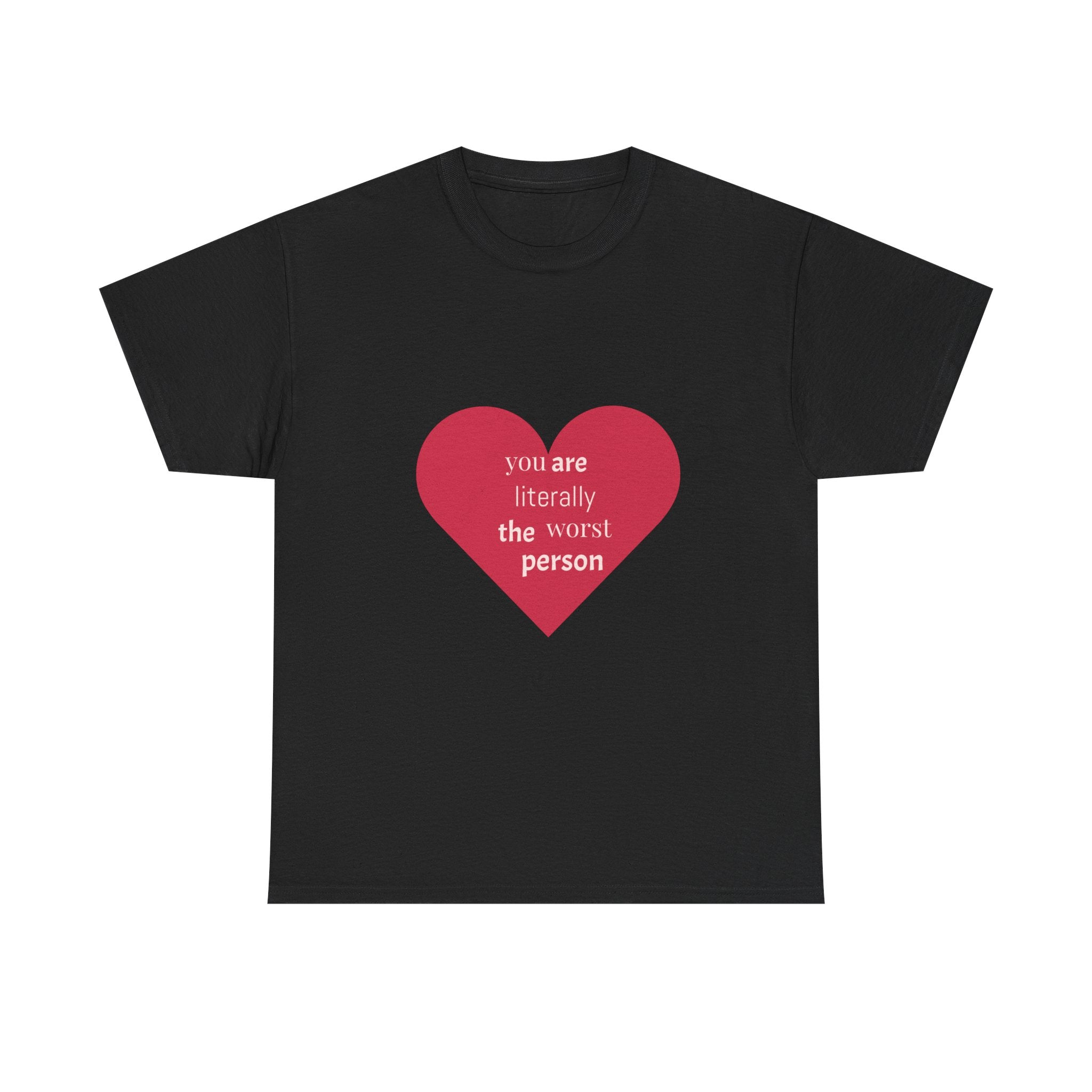 Black t-shirt with a red heart and white text on a white background