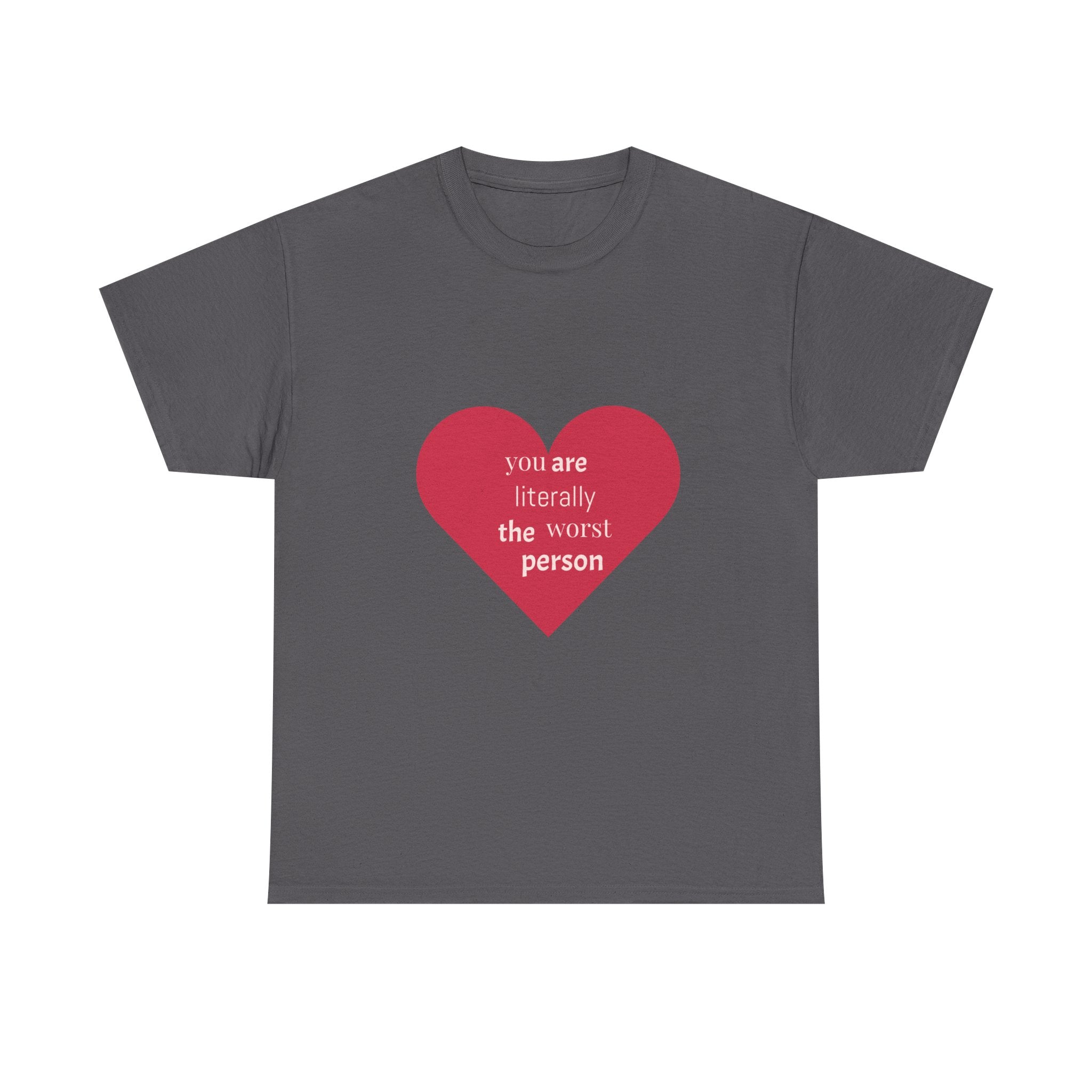 Gray t-shirt with a red heart and white text on a white background