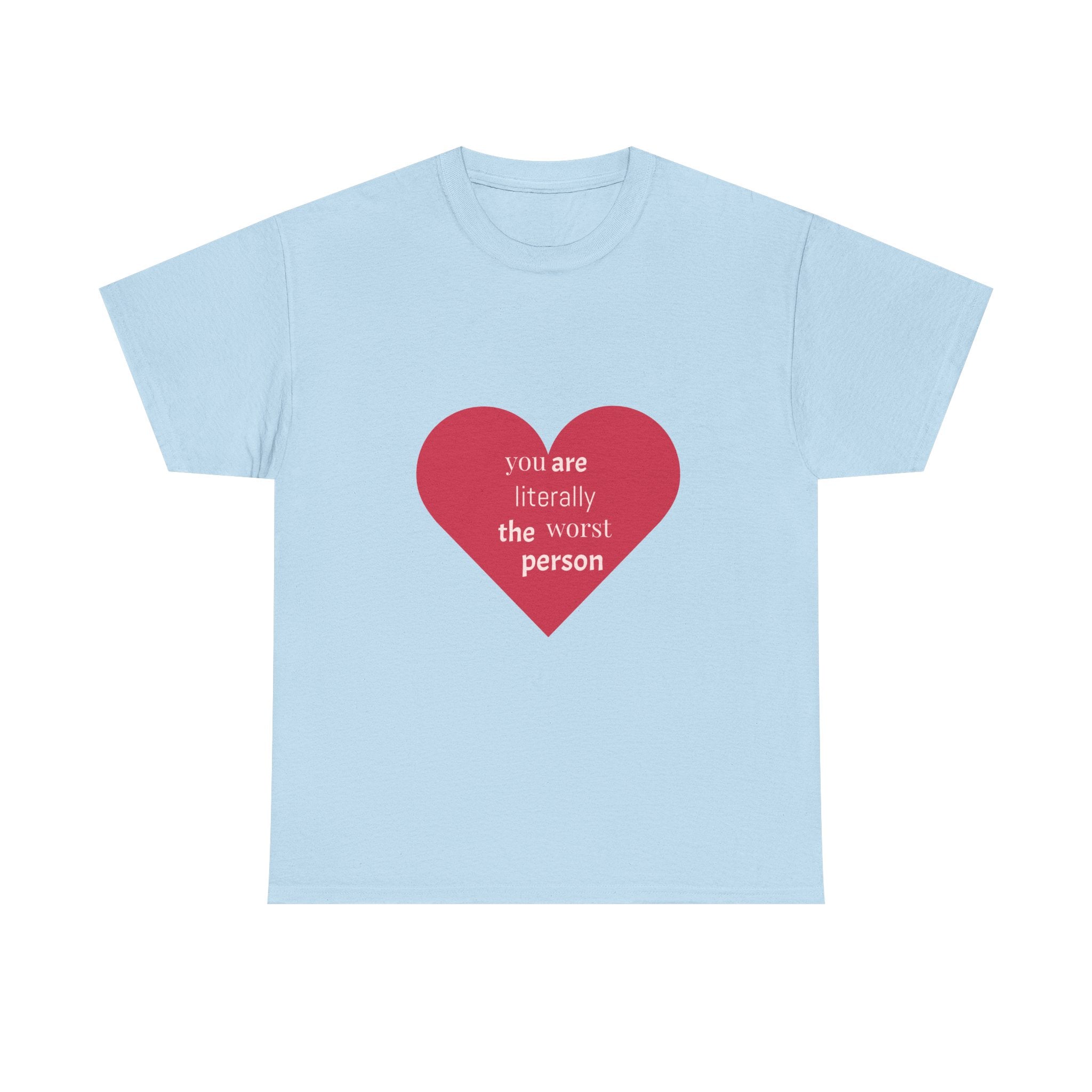 Light blue t-shirt with a red heart and text on a white background