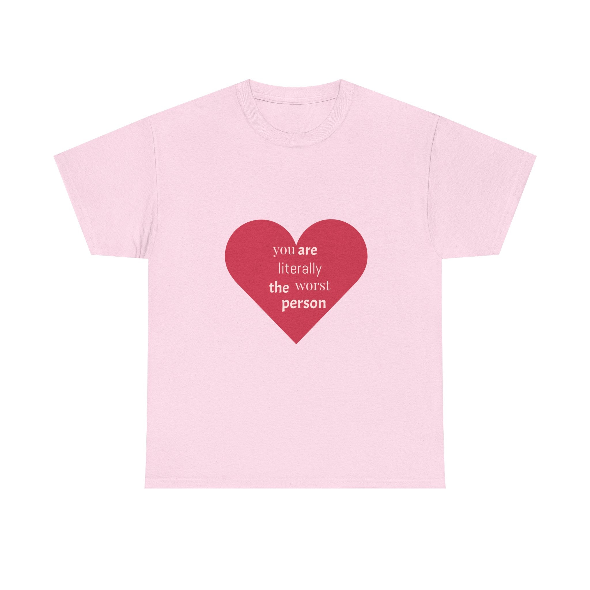 Pink t-shirt with a red heart graphic and text on a white background