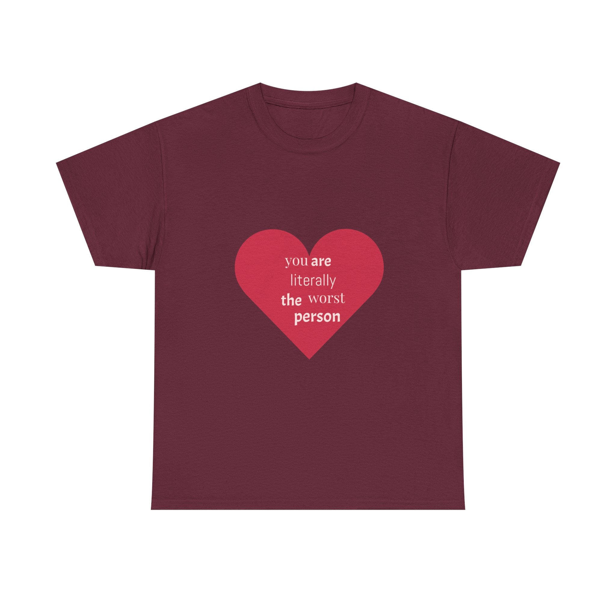 Maroon t-shirt with a red heart and white text on a white background