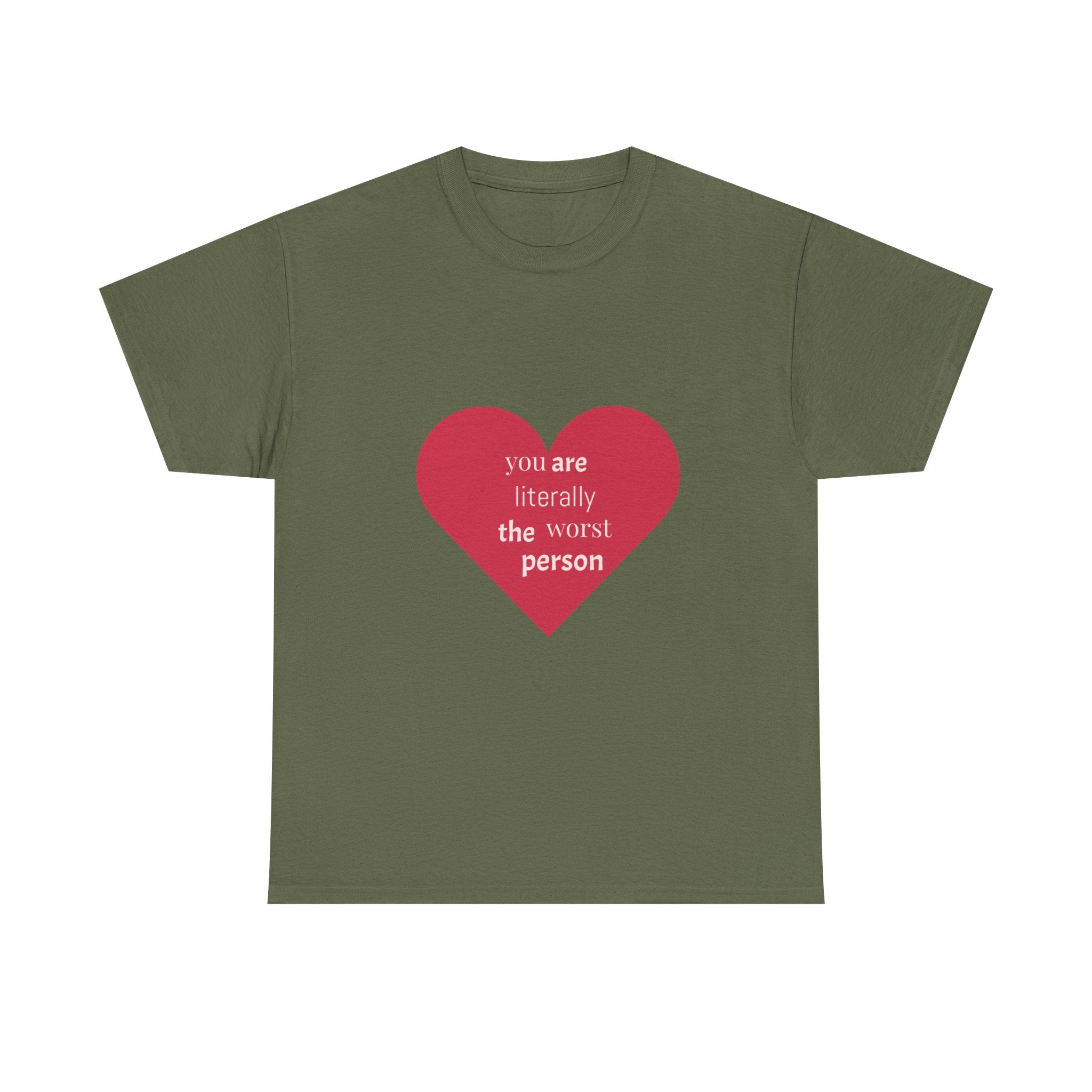 Green t-shirt with a red heart and white text on a white background