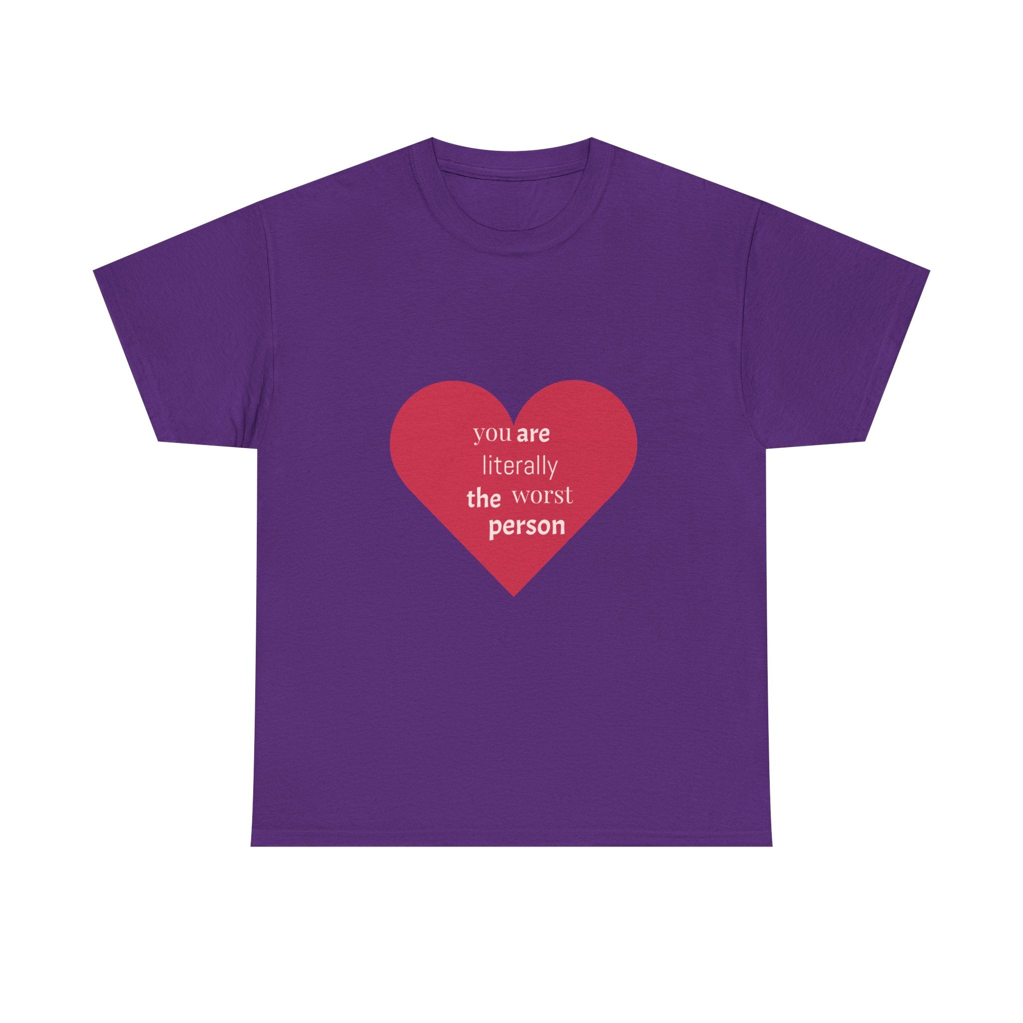 Purple t-shirt with a red heart and text on a white background