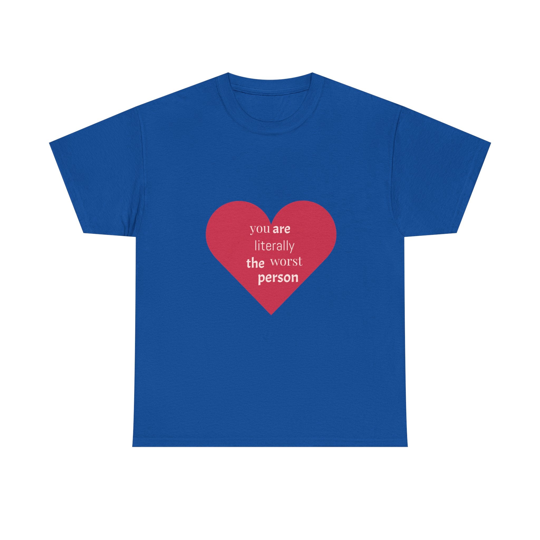 Blue t-shirt with a red heart and white text on a white background