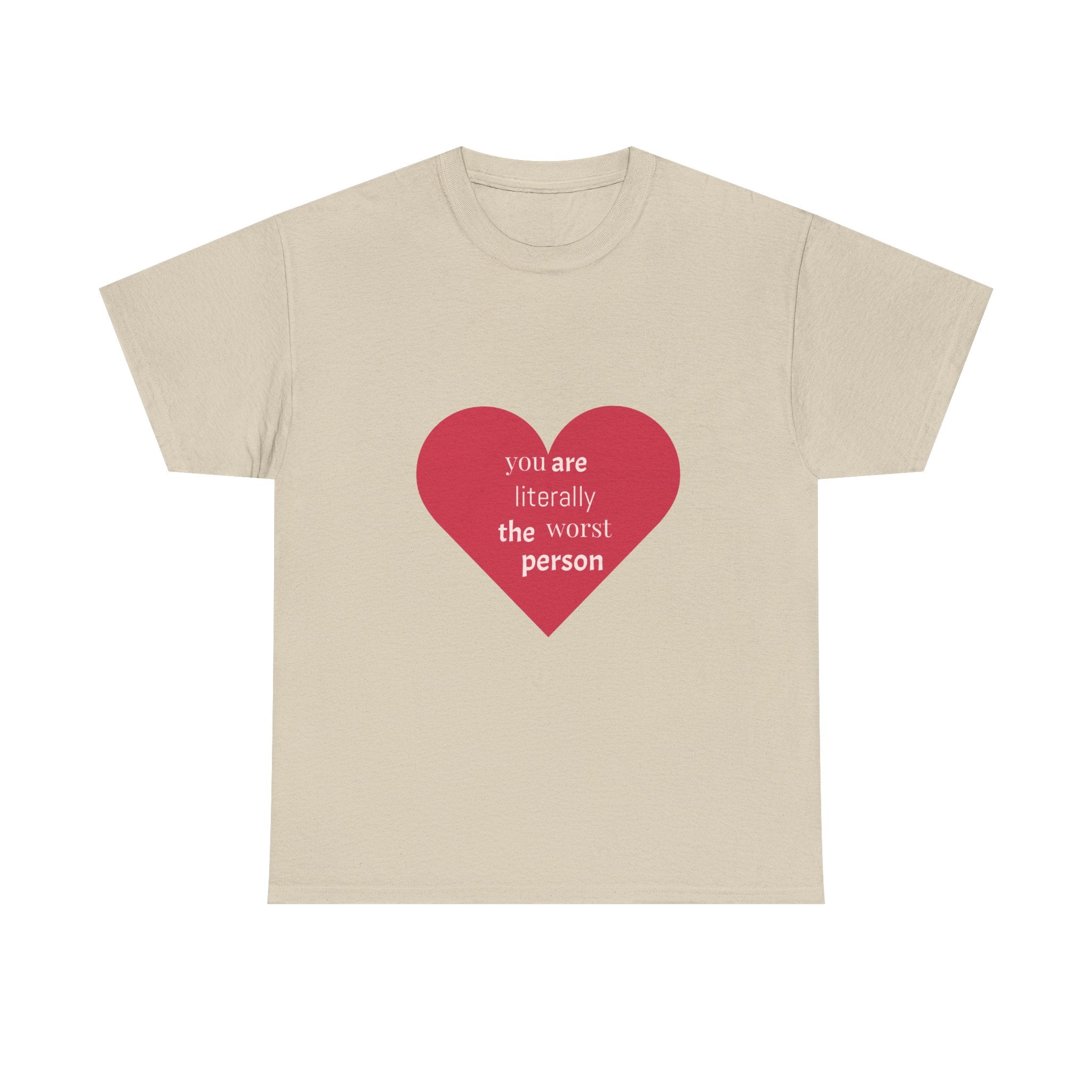Beige t-shirt with a red heart graphic and text on a white background