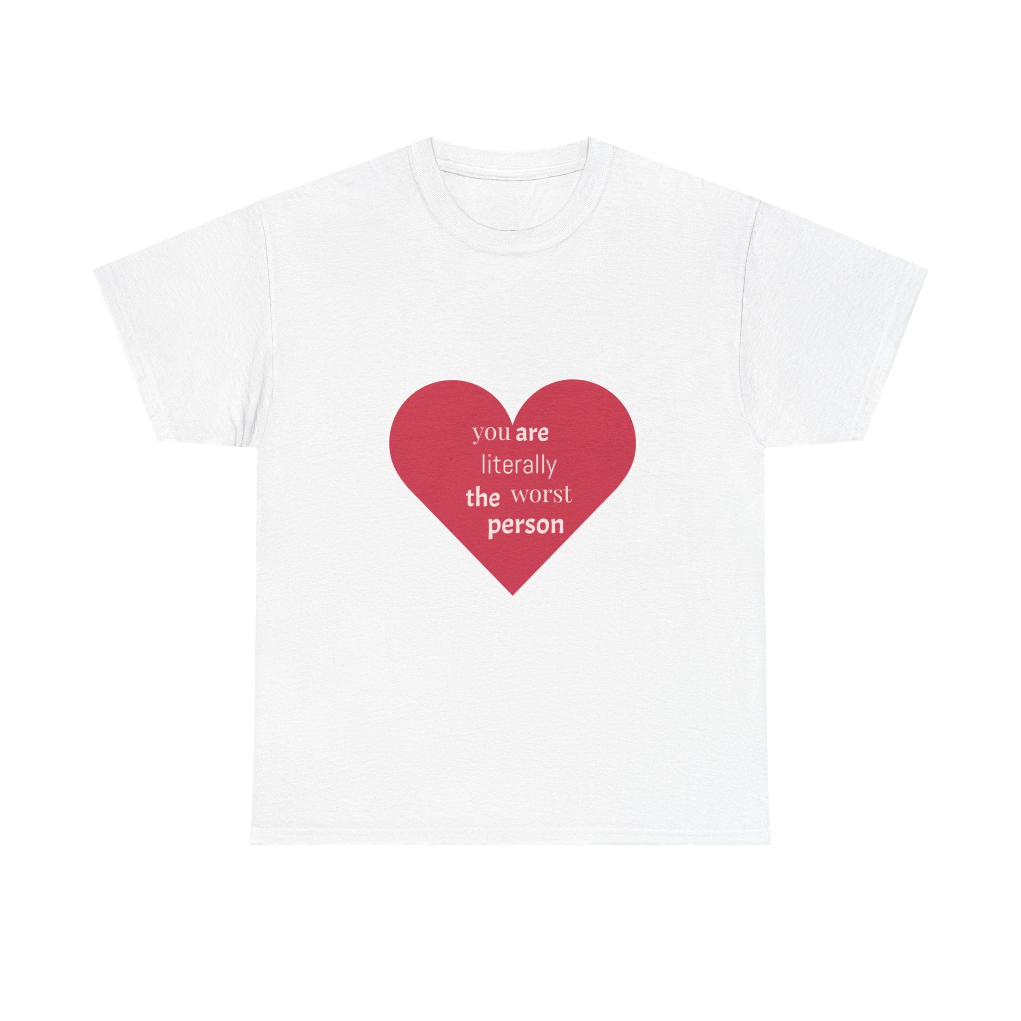 White t-shirt with a red heart graphic and text on a white background