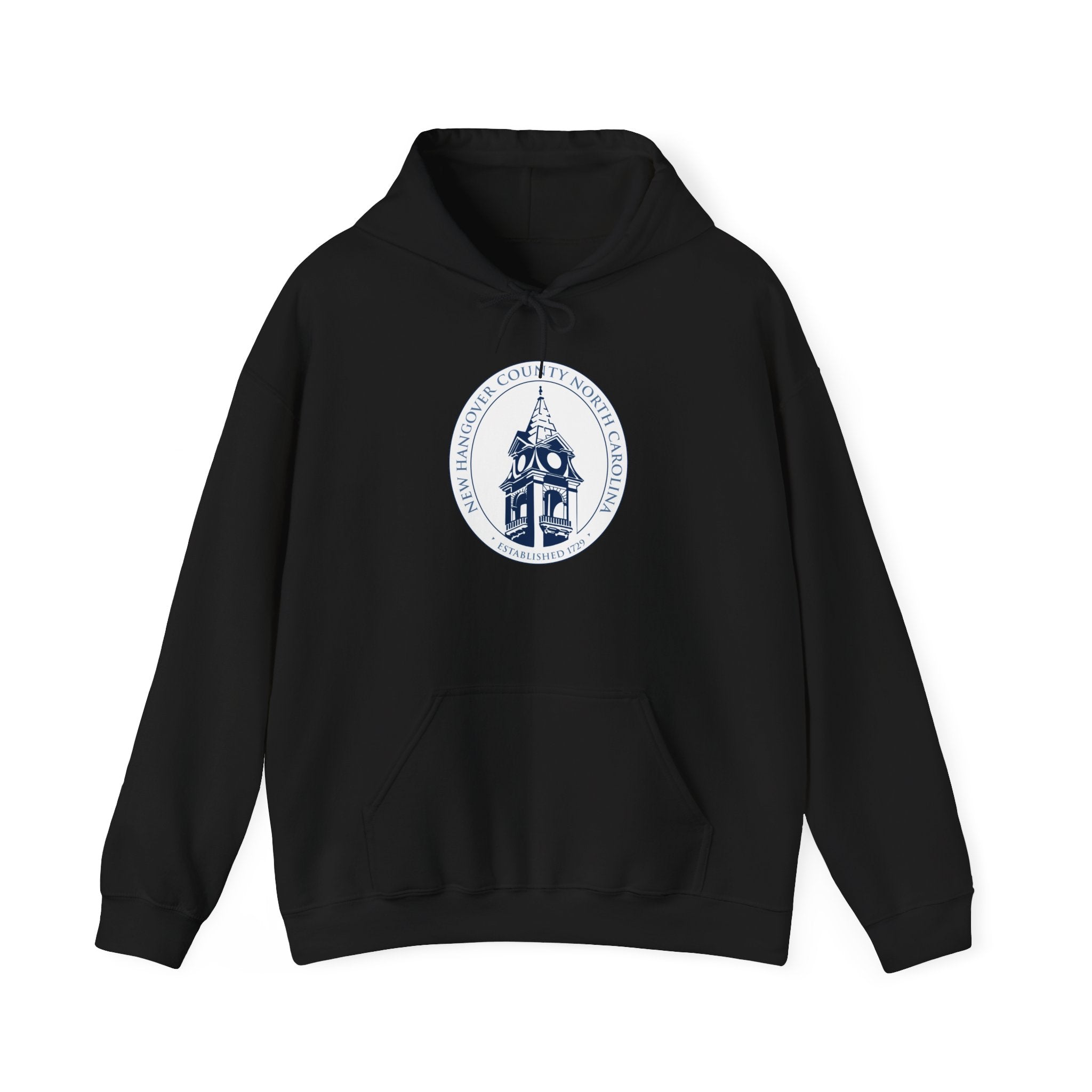 Black hoodie with a white and blue logo on a white background