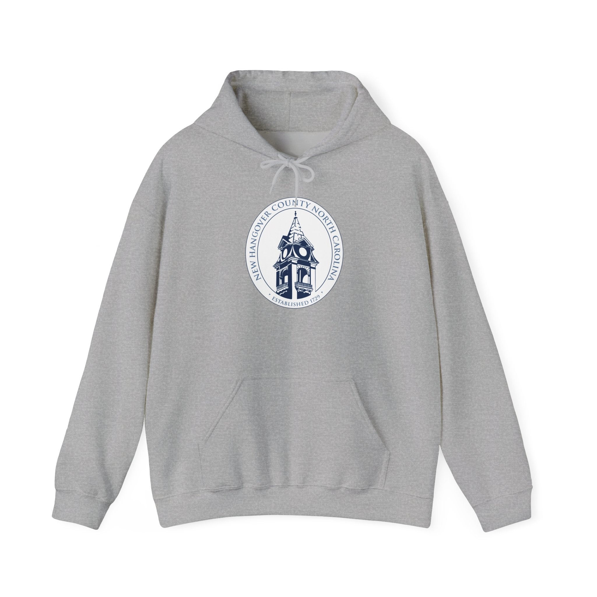 Gray hoodie with a circular logo on a white background