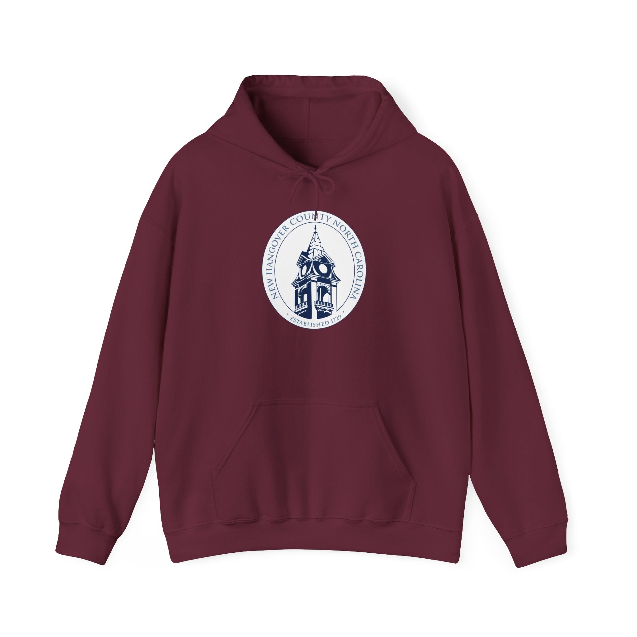 Maroon hoodie with a circular emblem on a white background