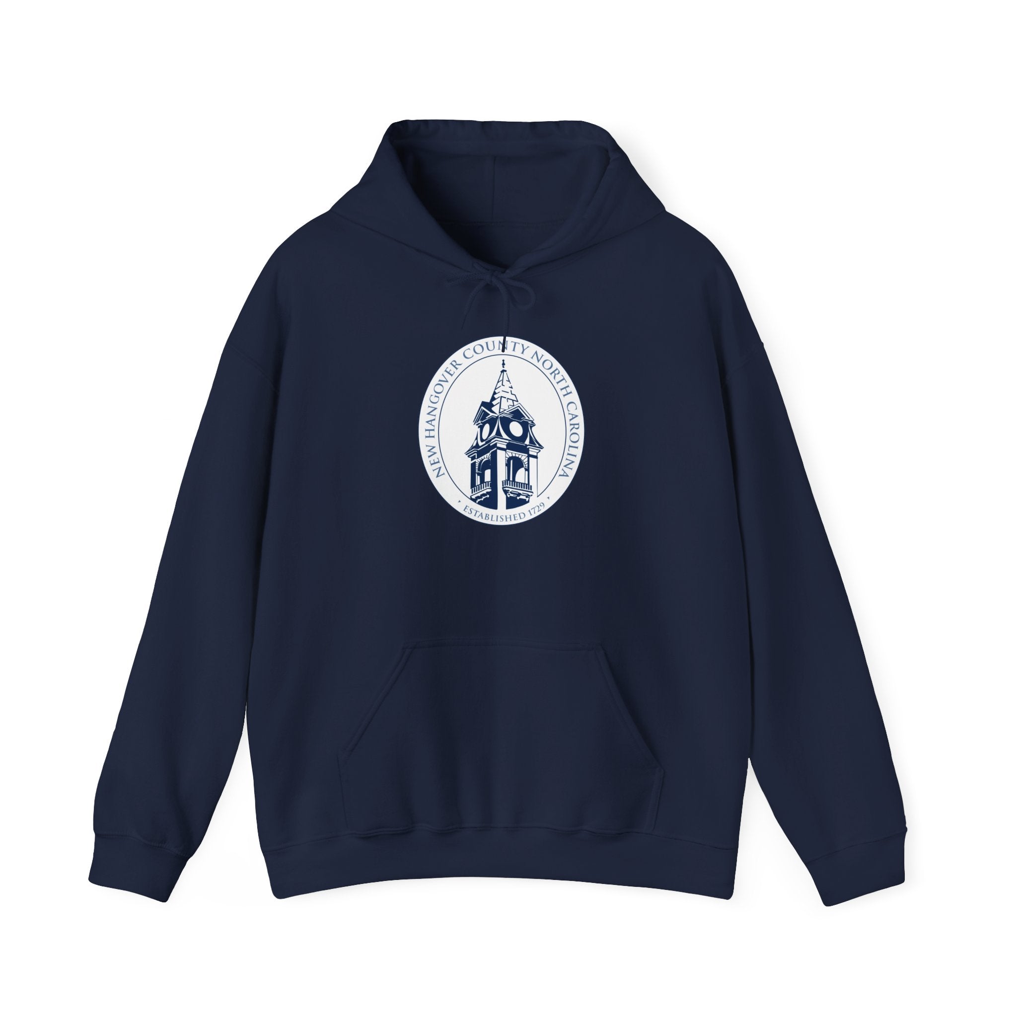 Navy blue hoodie with a white emblem on a white background