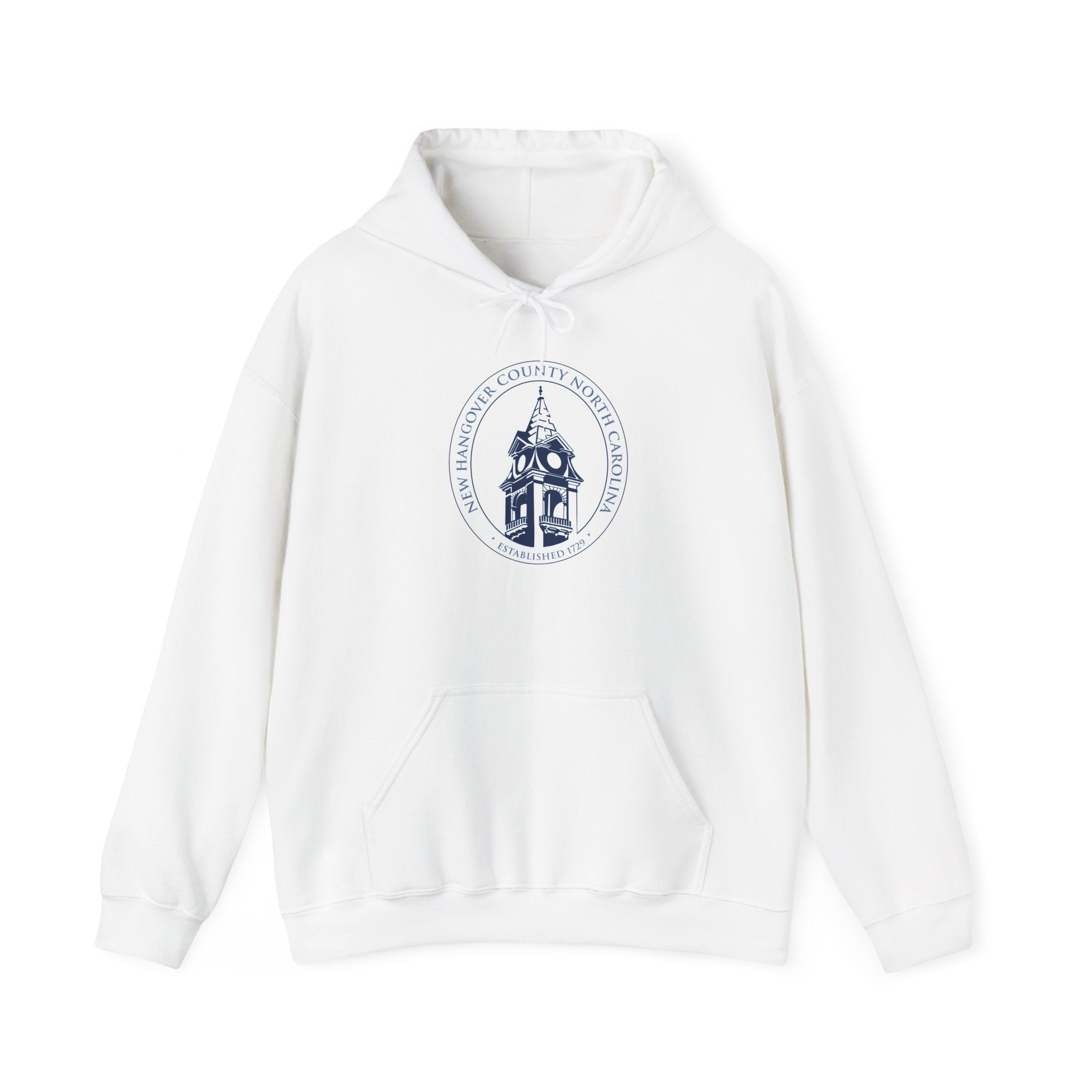 White hoodie with a blue logo on a white background