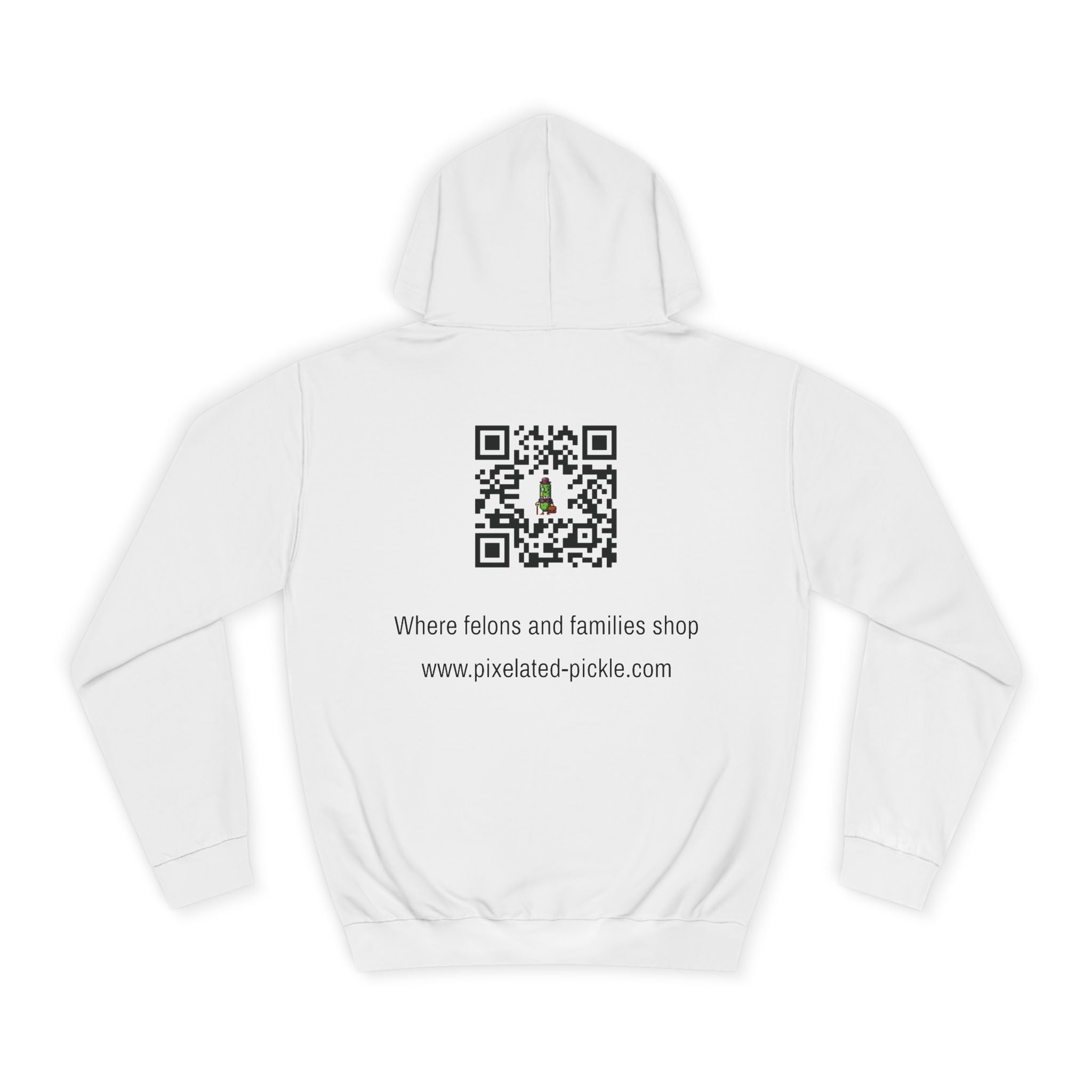White hoodie with a QR code and text on the back against a white background