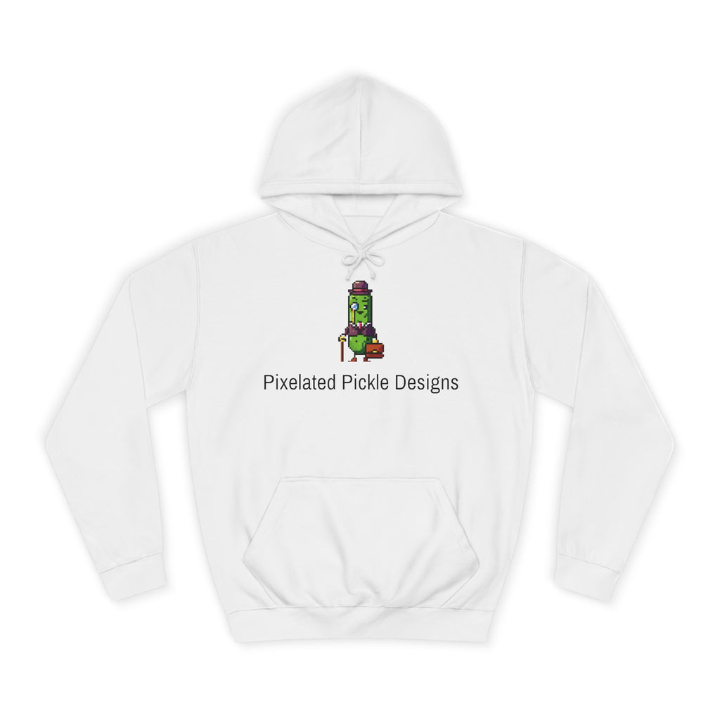 White hoodie with a pixelated pickle design and text on a white background