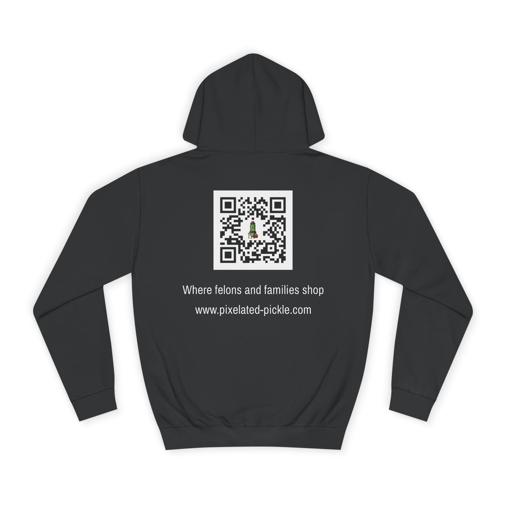 Black hoodie with a QR code and text on the back against a white background