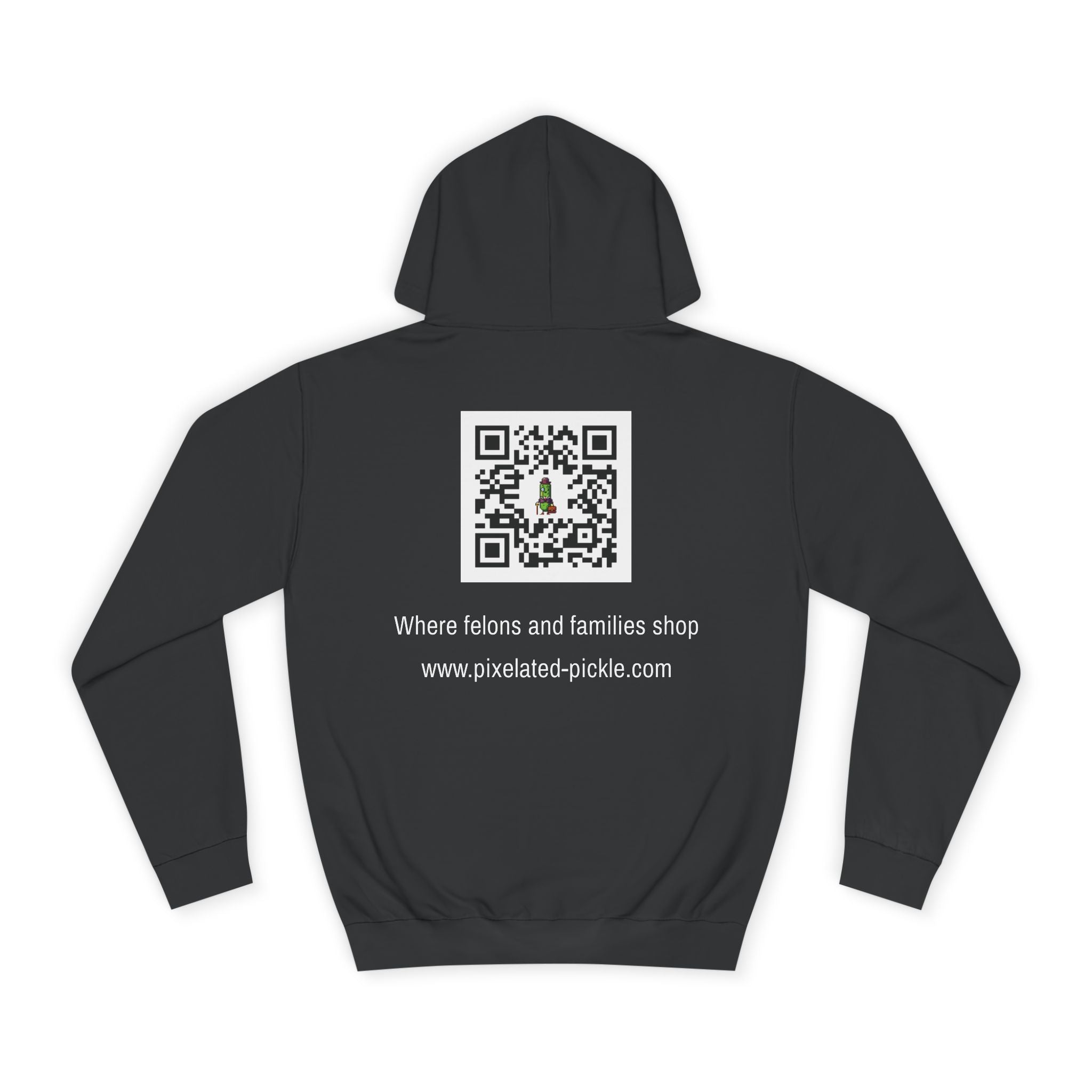 Black hoodie with a QR code and text on the back against a white background
