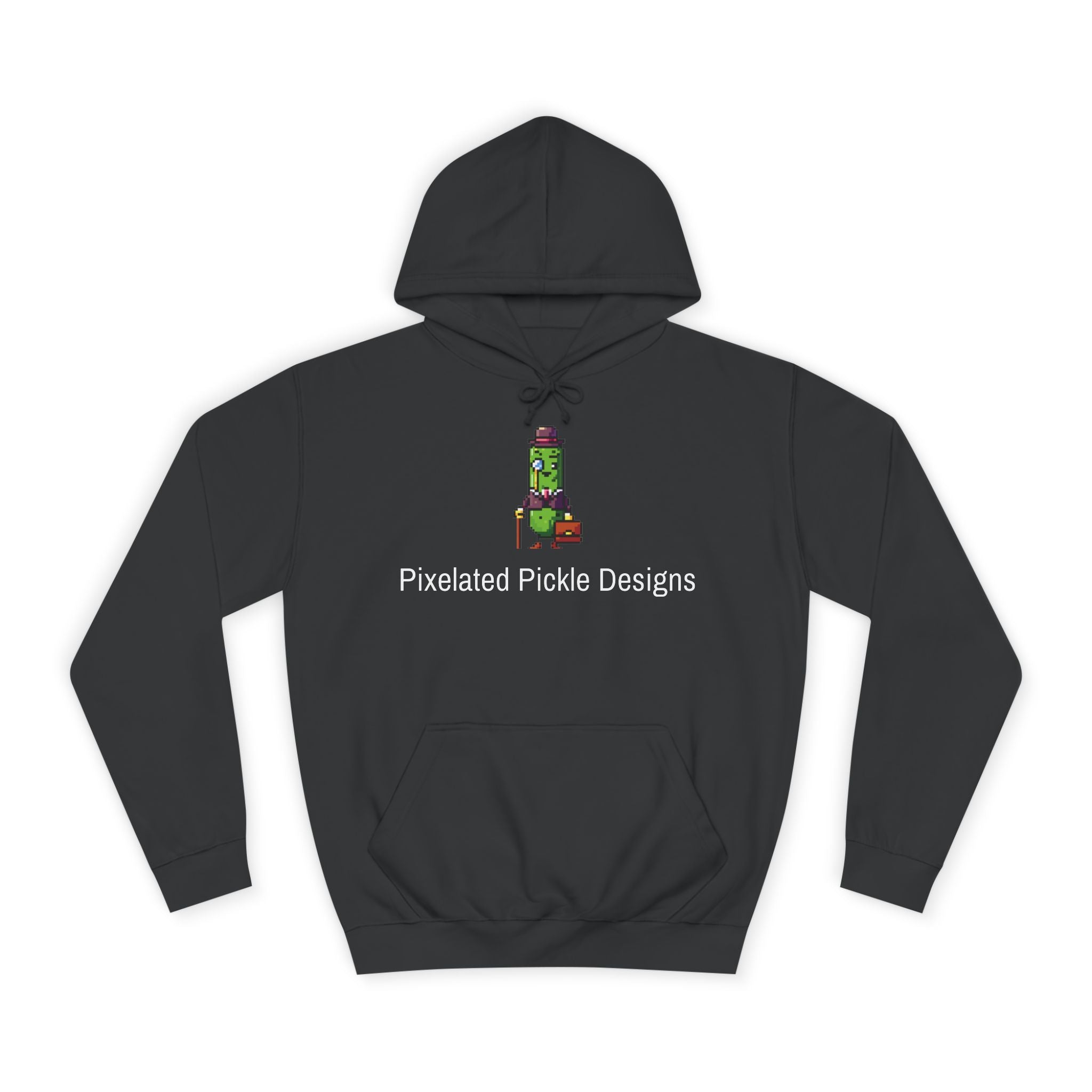 Black hoodie with 'Pixelated Pickle Designs' logo on a white background