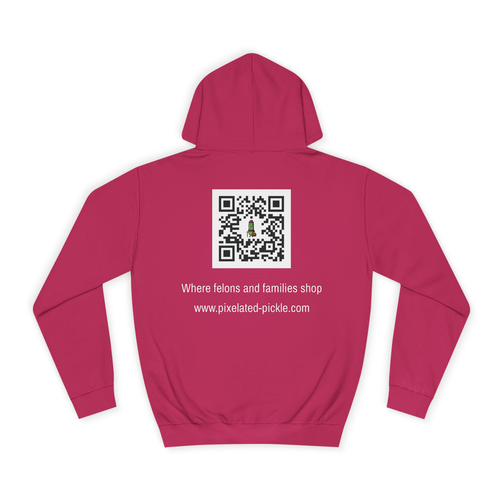 Pink hoodie with a QR code and text on the back against a white background