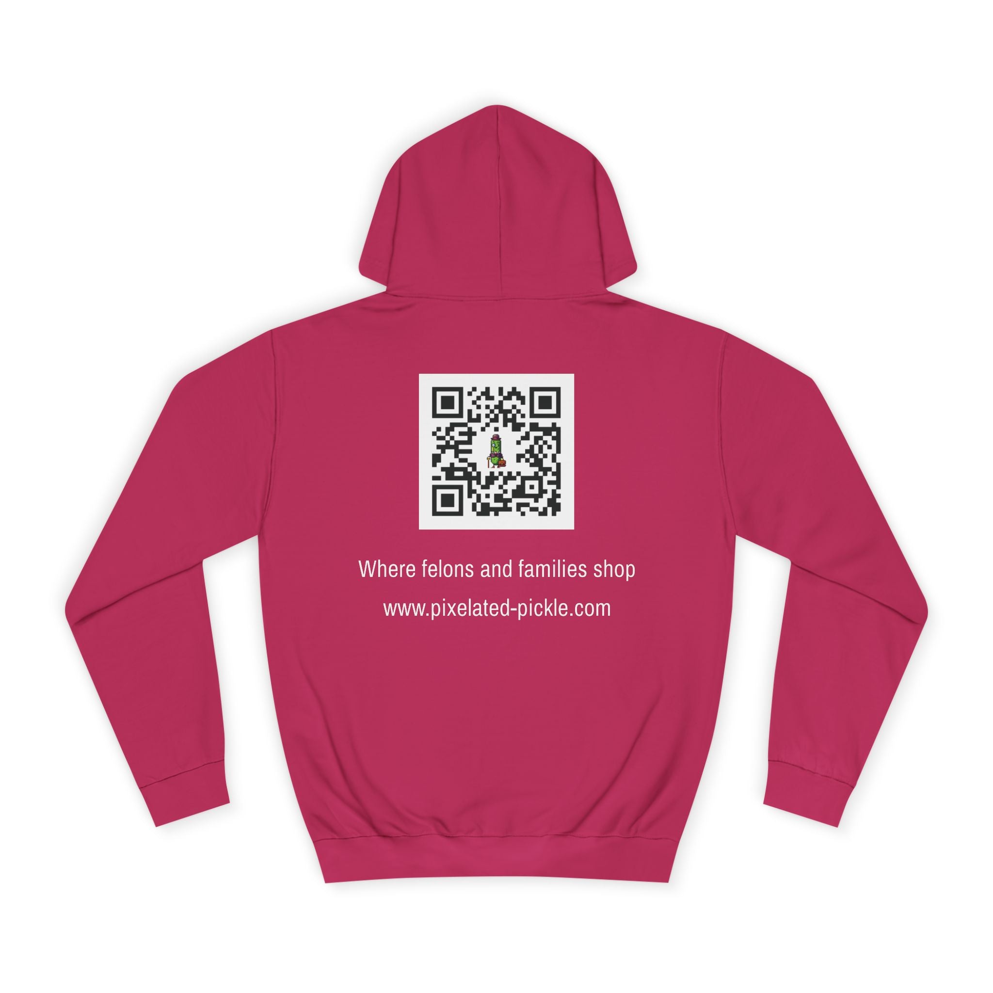 Pink hoodie with a QR code and text on the back against a white background