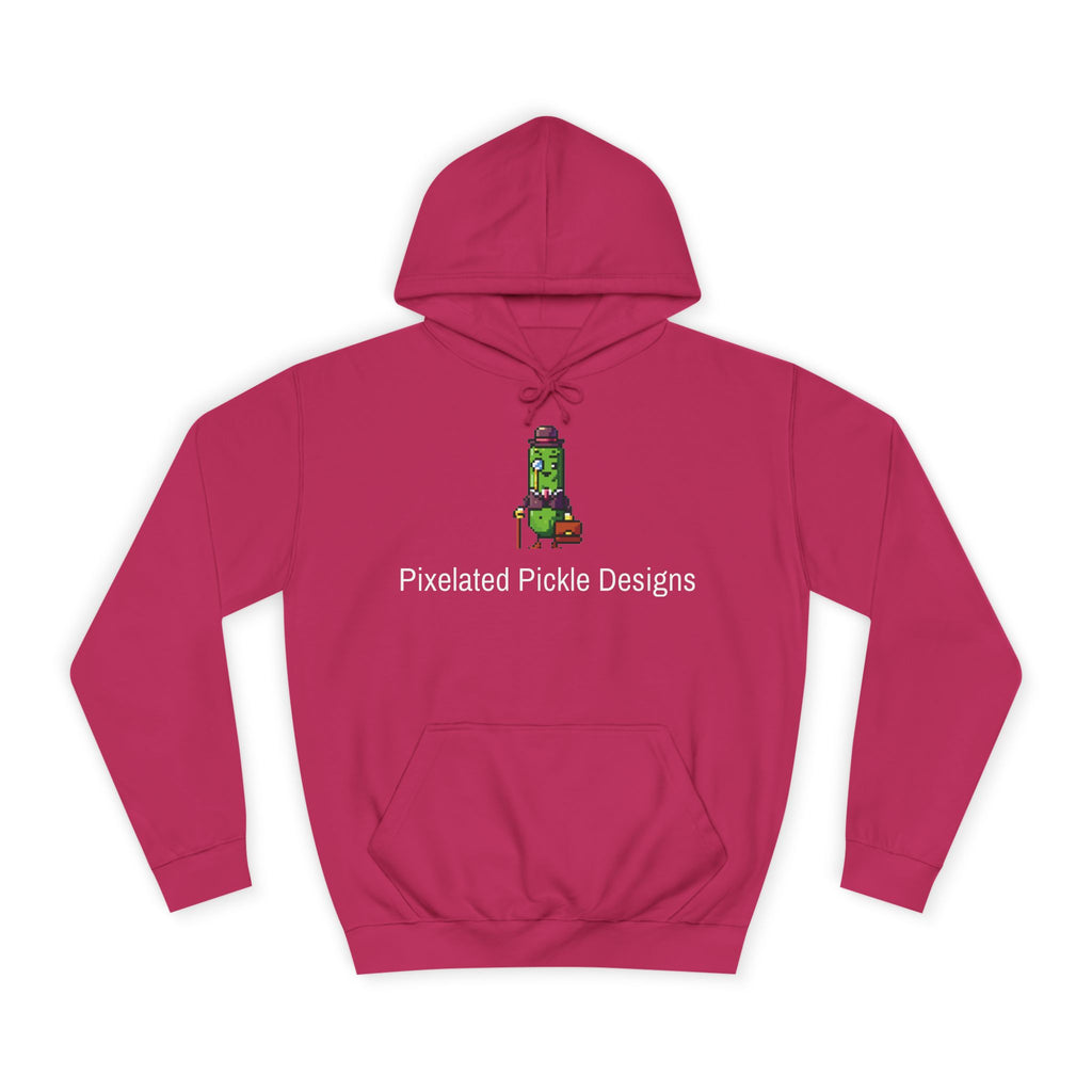 Pink hoodie with a graphic design and text on a white background