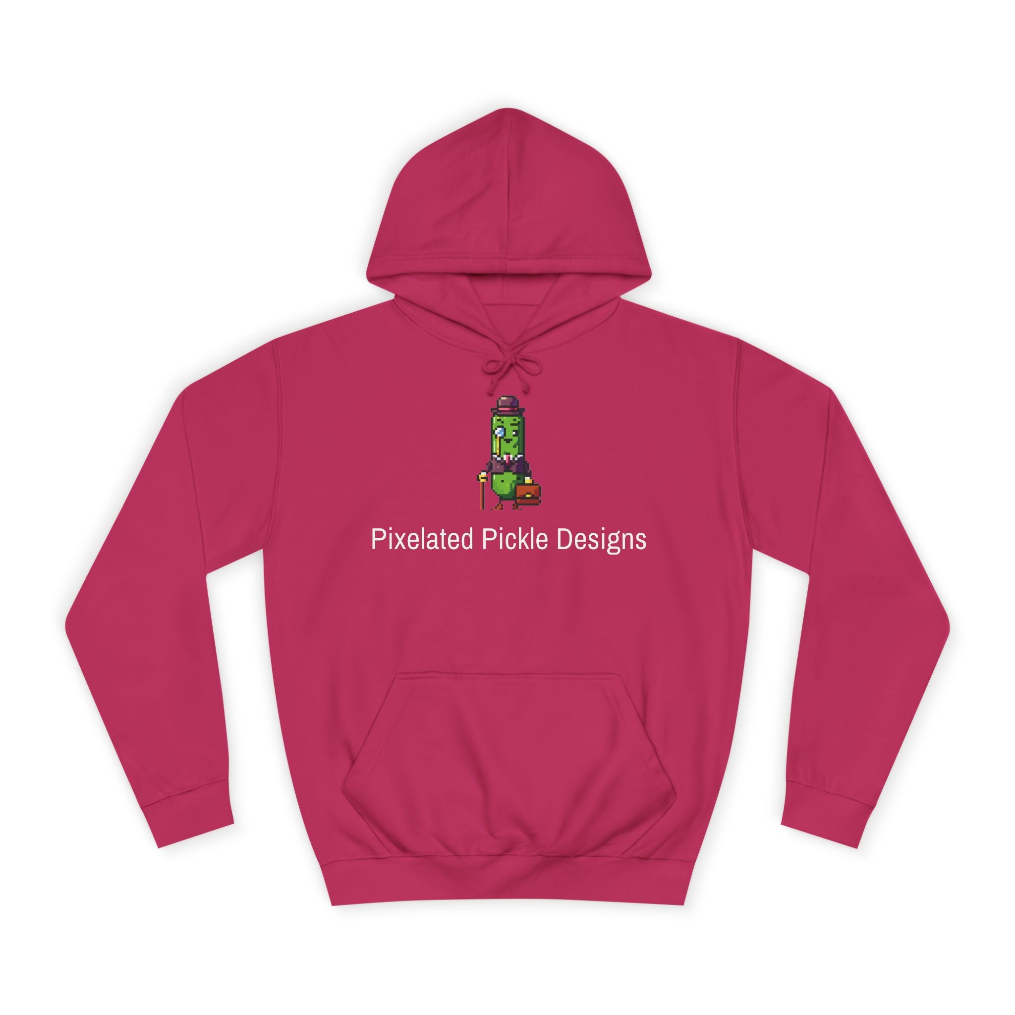 Pink hoodie with a graphic design and text on a white background
