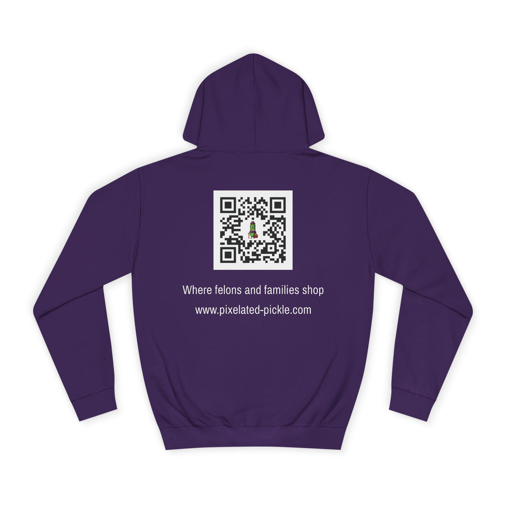 Purple hoodie with a QR code and text on the back against a white background