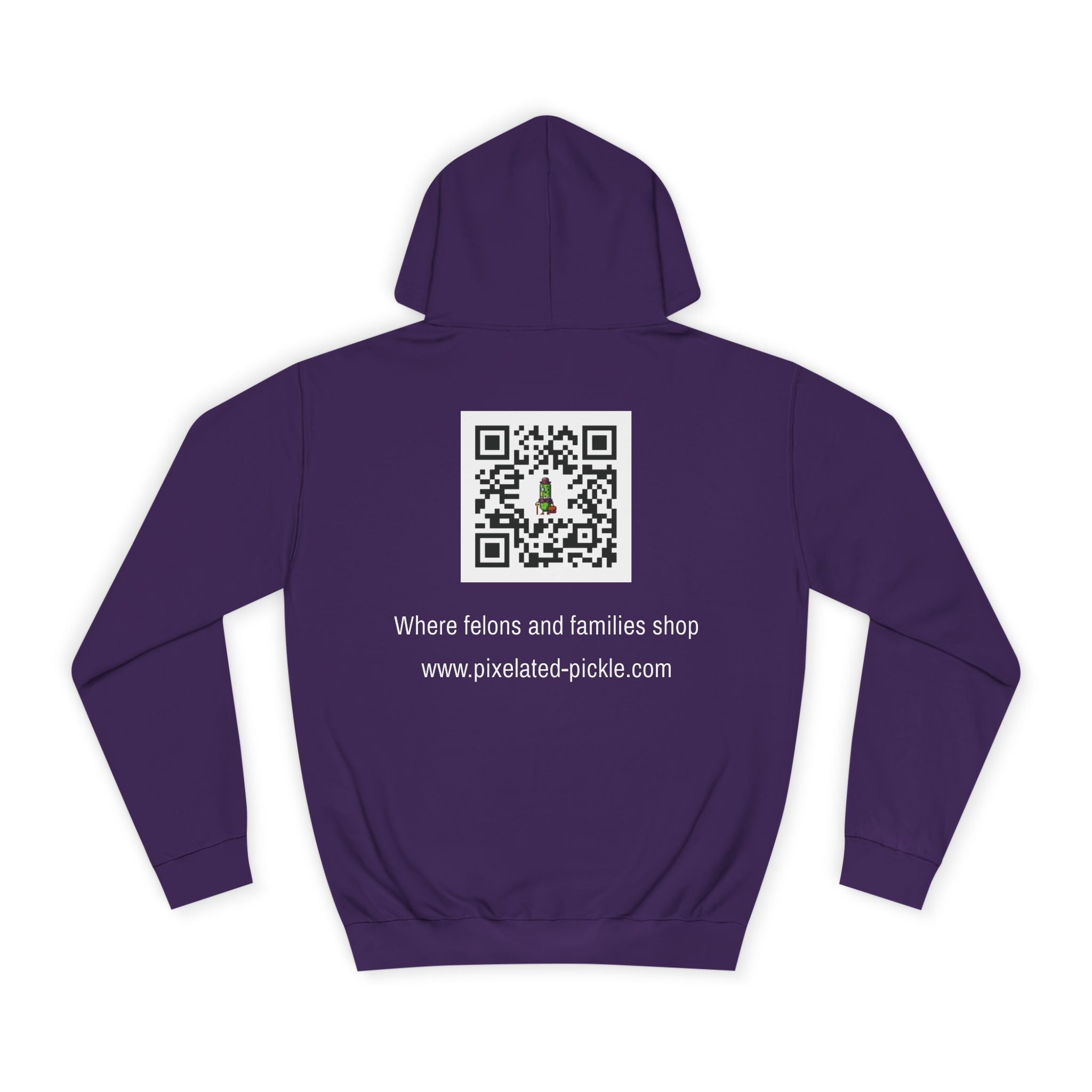 Purple hoodie with a QR code and text on the back against a white background