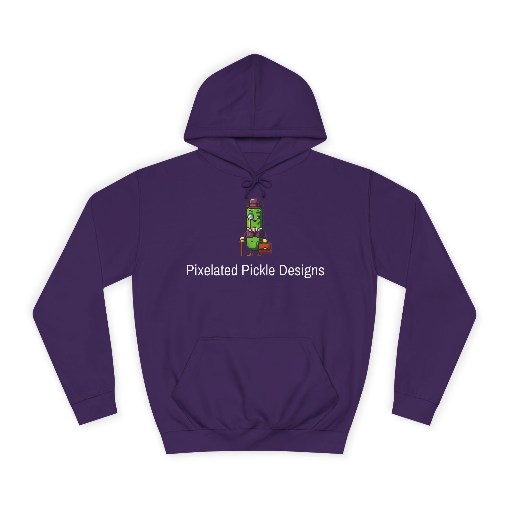 Purple hoodie with 'Pixelated Pickle Designs' logo on a white background