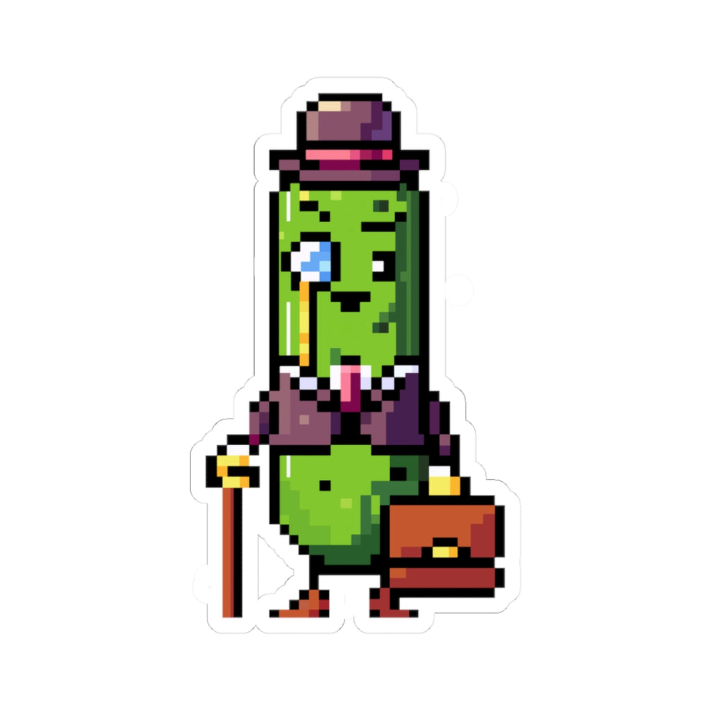 Pixel art character of a green pickle wearing a top hat and holding a cane on a white background