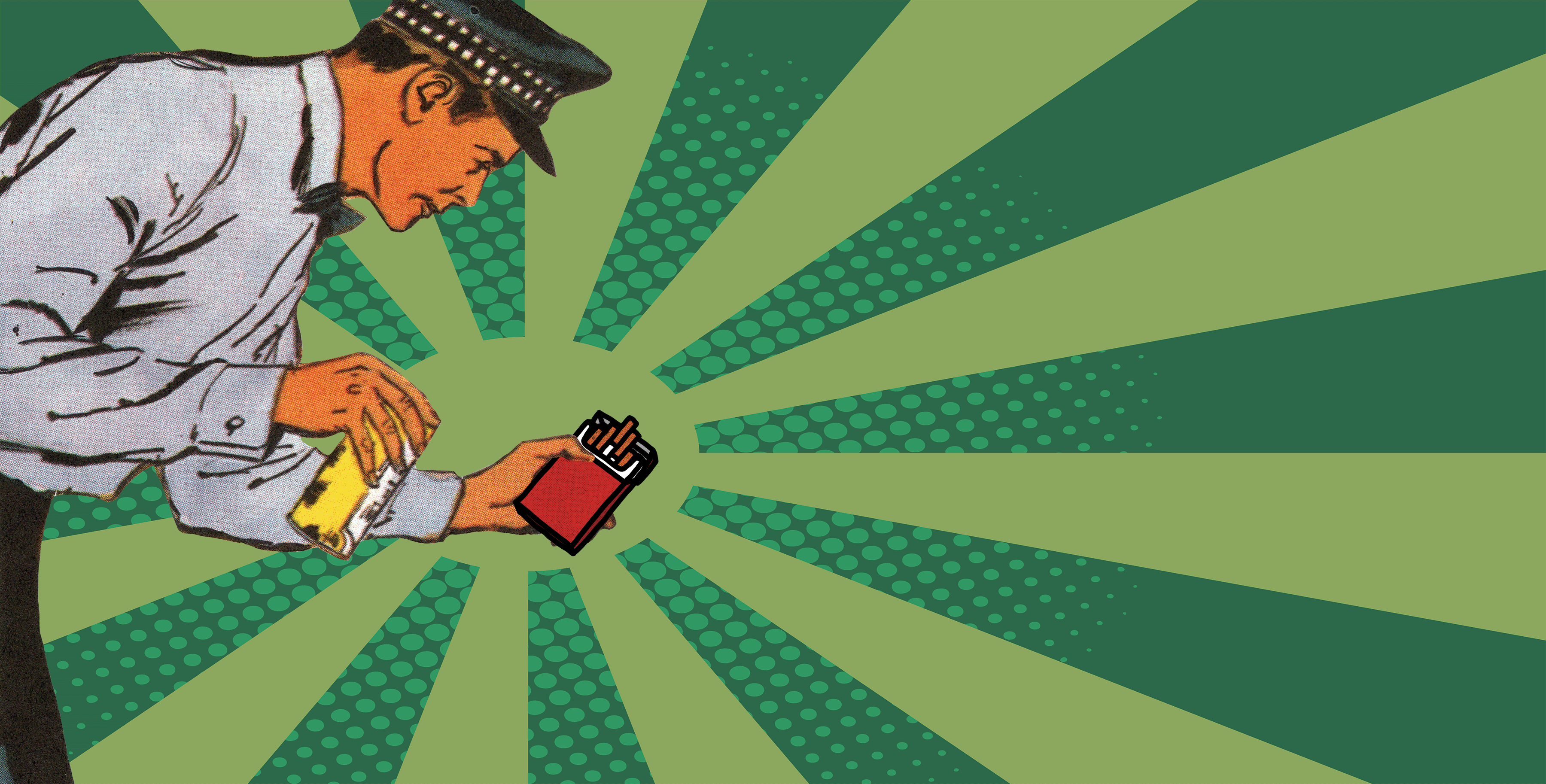 Cartoon attendant handing over a cold one and a pack of reds with a green radial background